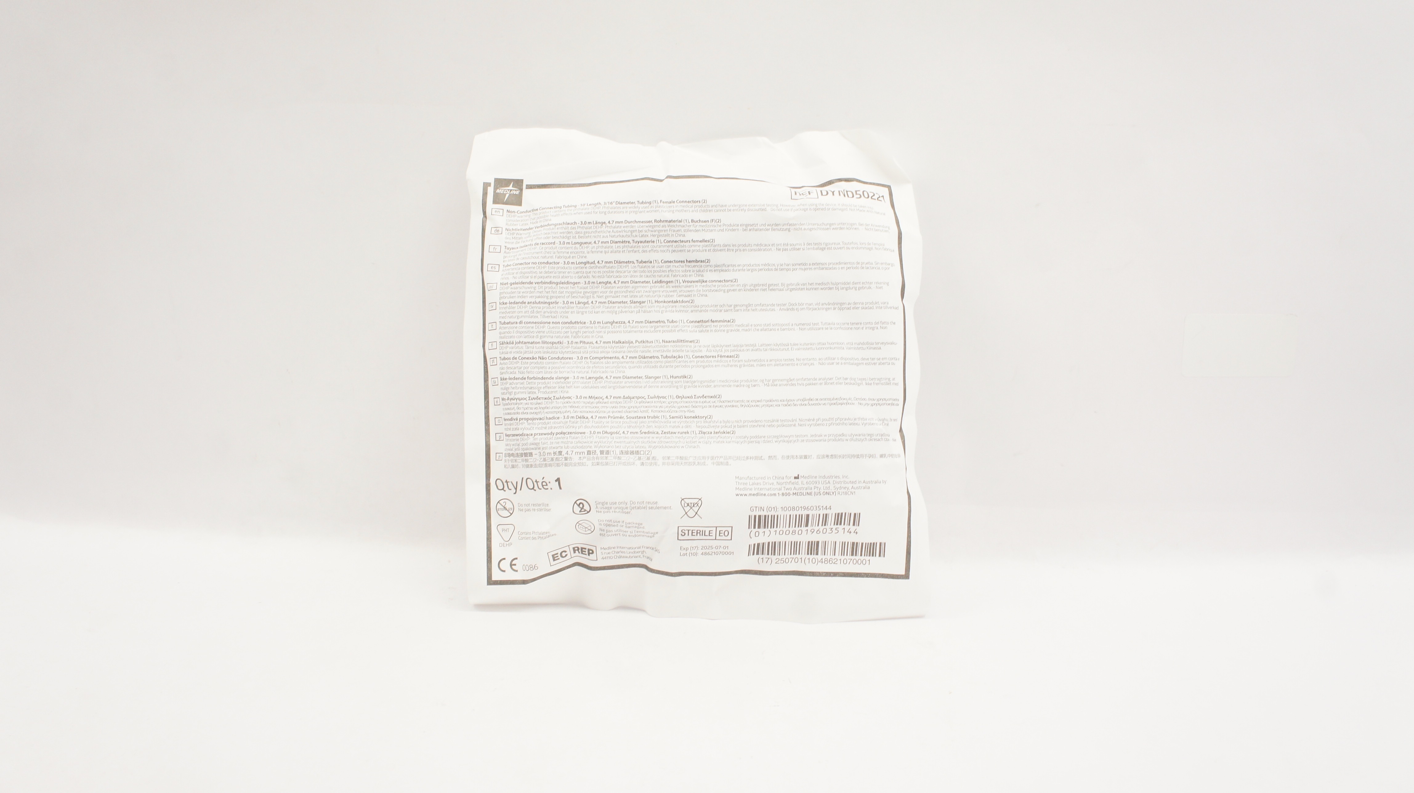 Medline DYND50221 Non-Conductive Connecting Tubing 10Ft Length Diam 3/16inch