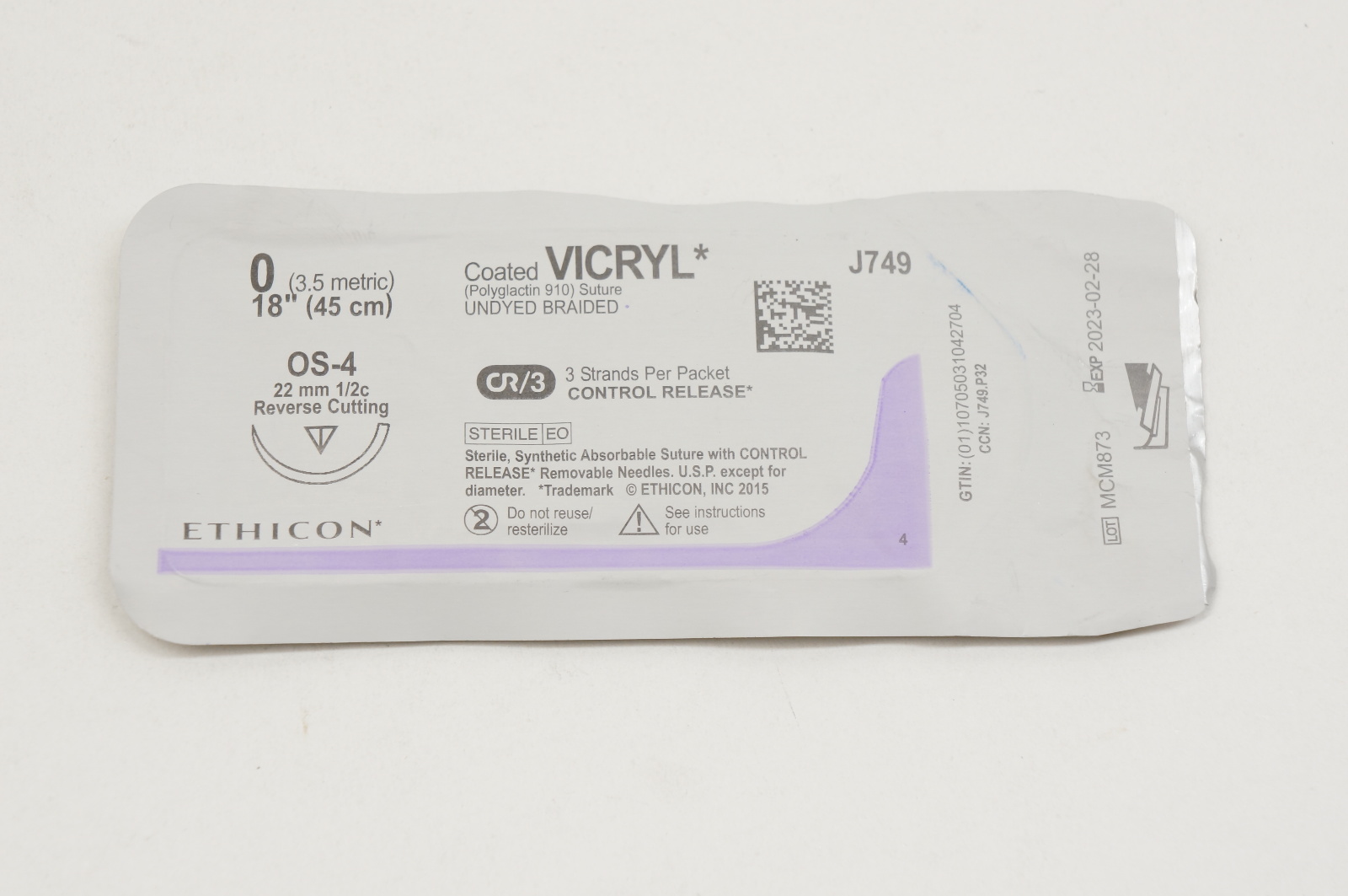 Ethicon J749 0 VICRYL, OS-4, 2mm 1/2c Reverse Cutting, 18inch