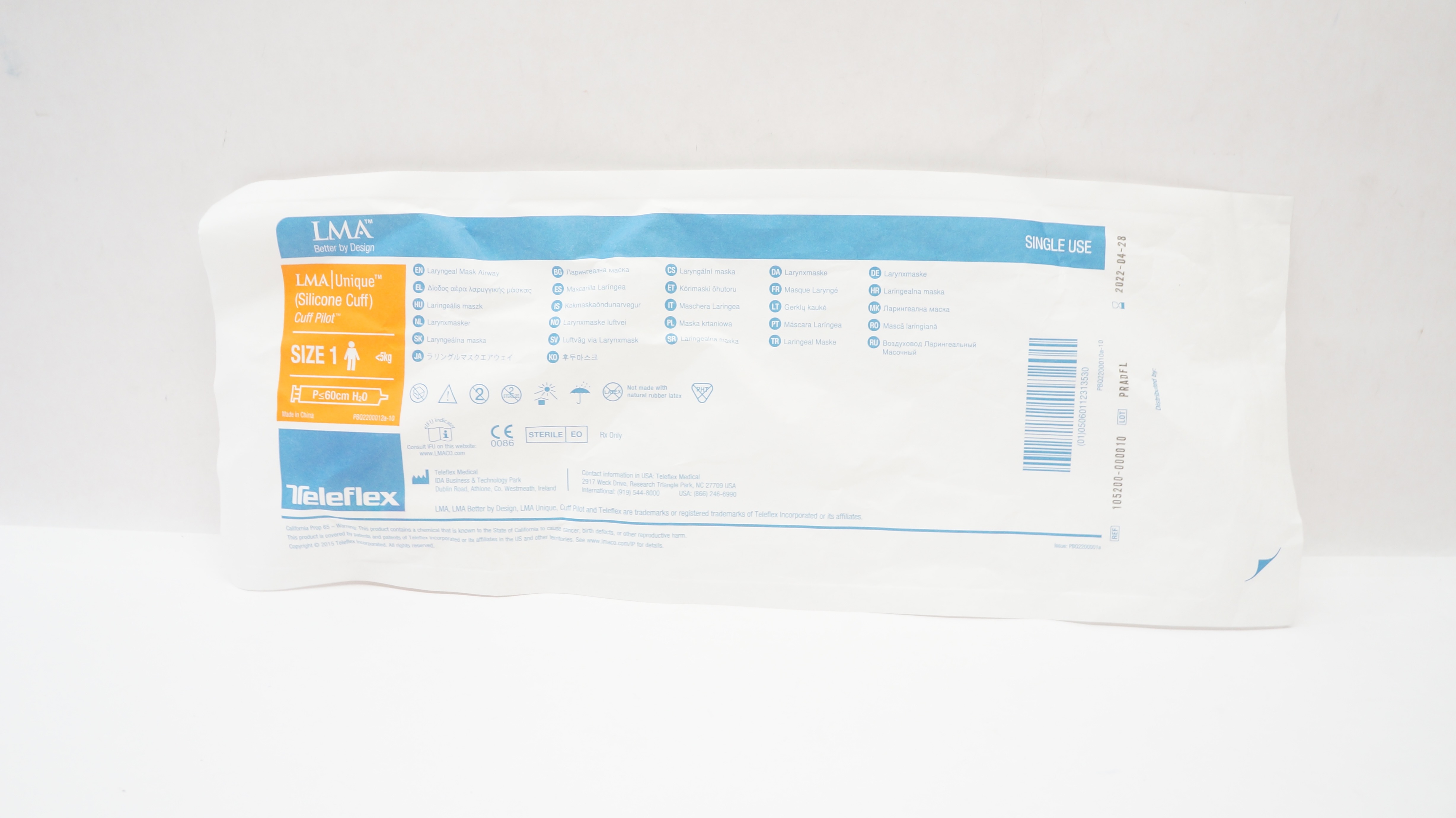 Teleflex 105200-000010 LMA Unique Laryngeal Mask Airway Size 1 <5kg P≤60cmH2O(x)