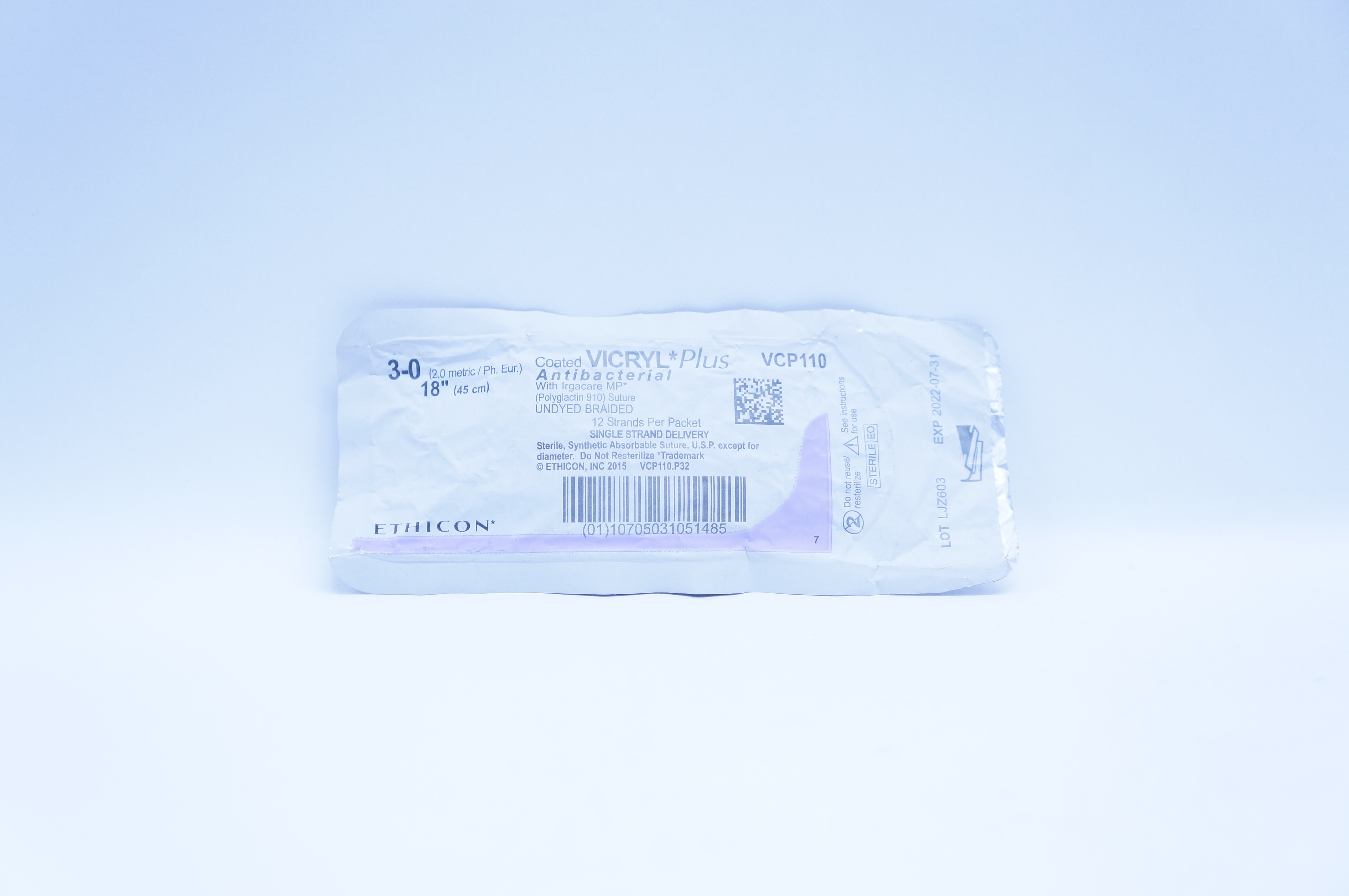 Ethicon VCP110 3-0 VICRYL Plus, Antibacterial Polyglactin 910 Stre., 18inch