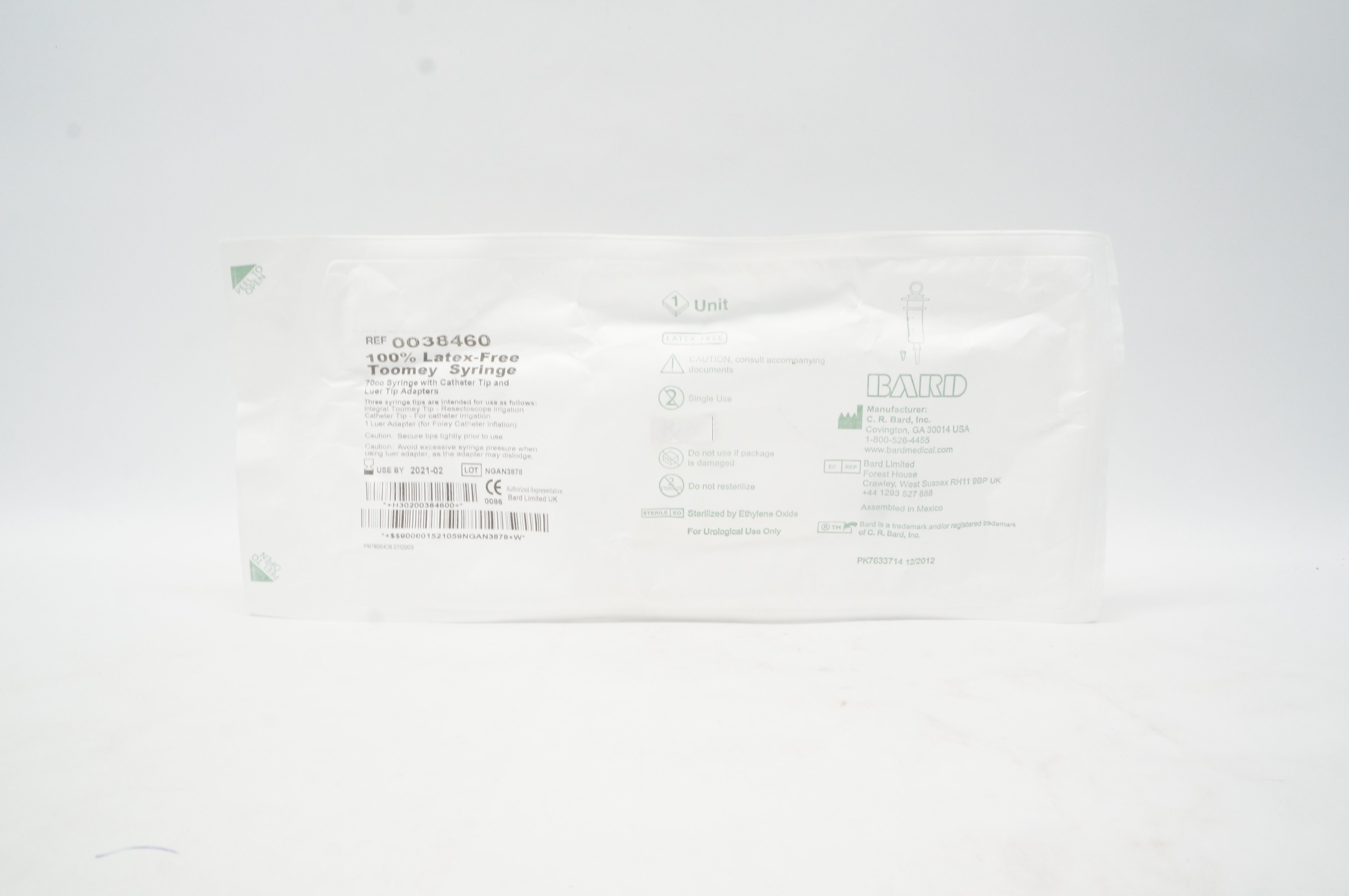 Bard 0038460 Toomey Syringe 70cc With Cath. Tip & Luer Tip Adapters (x)