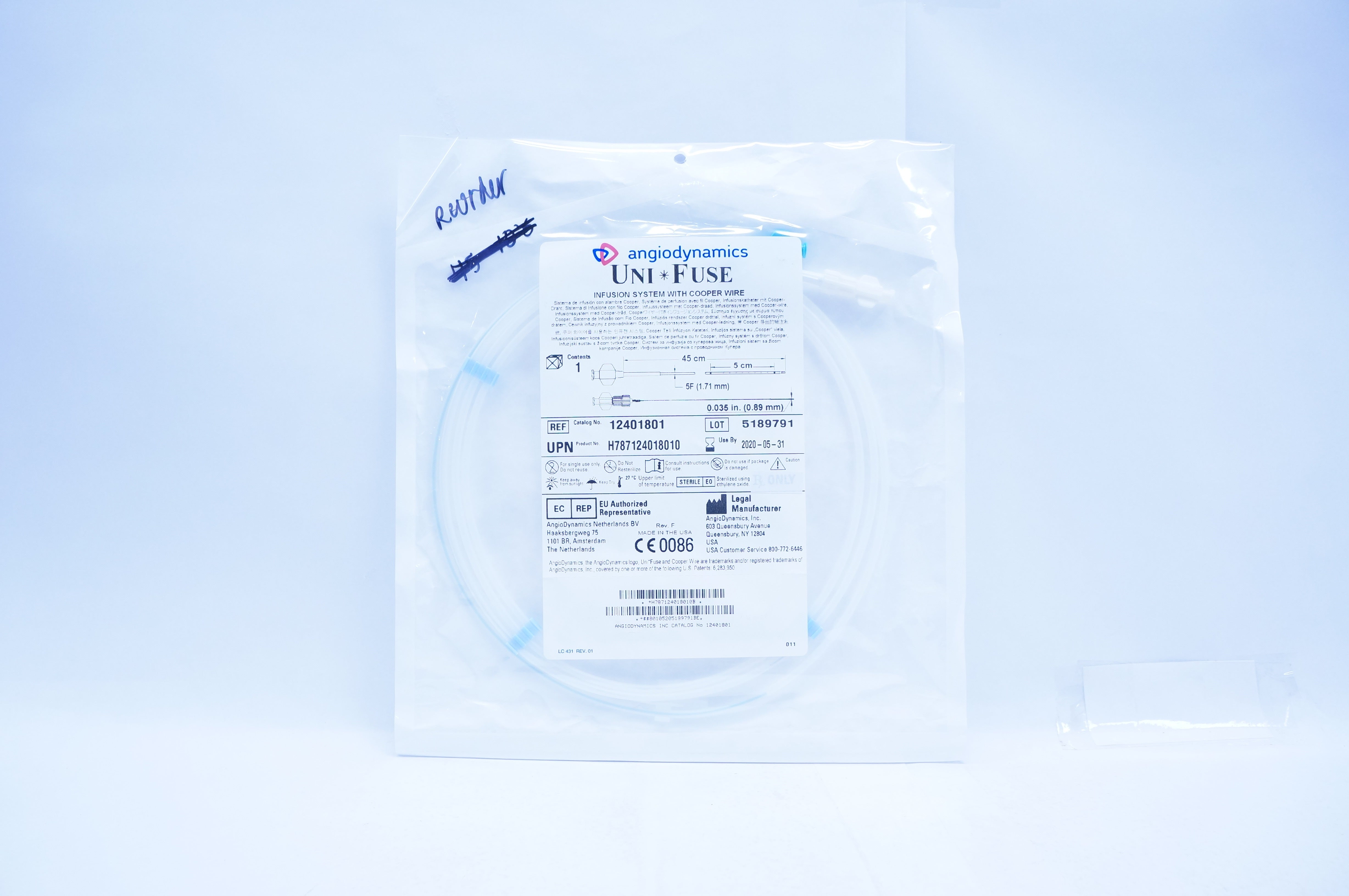 AngioDynamics 12401801 Uni-Fuse Infusion Cath. W/Cooper Wire 5F. x 45cm x 5cm (x)