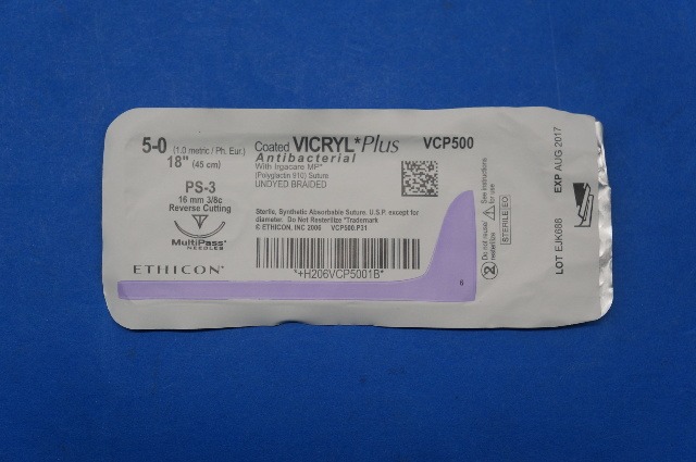Ethicon VCP500 5-0 VICRYL Plus, PS-3 16mm 3/8c Reverse Cutting, 18