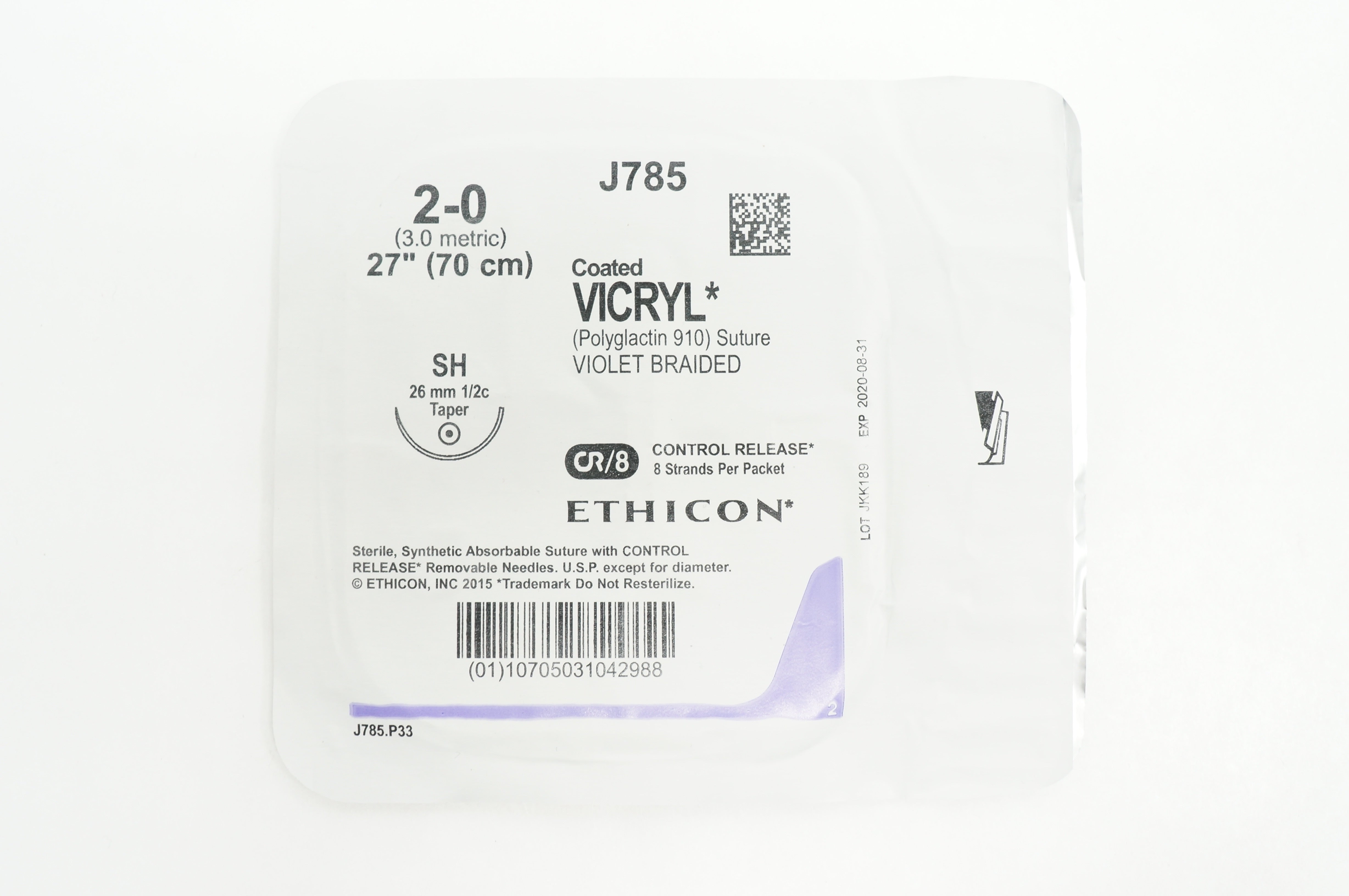 Ethicon J785 2-0 VICRYL, SH, 26mm 1/2c Taper, 27inch (x)