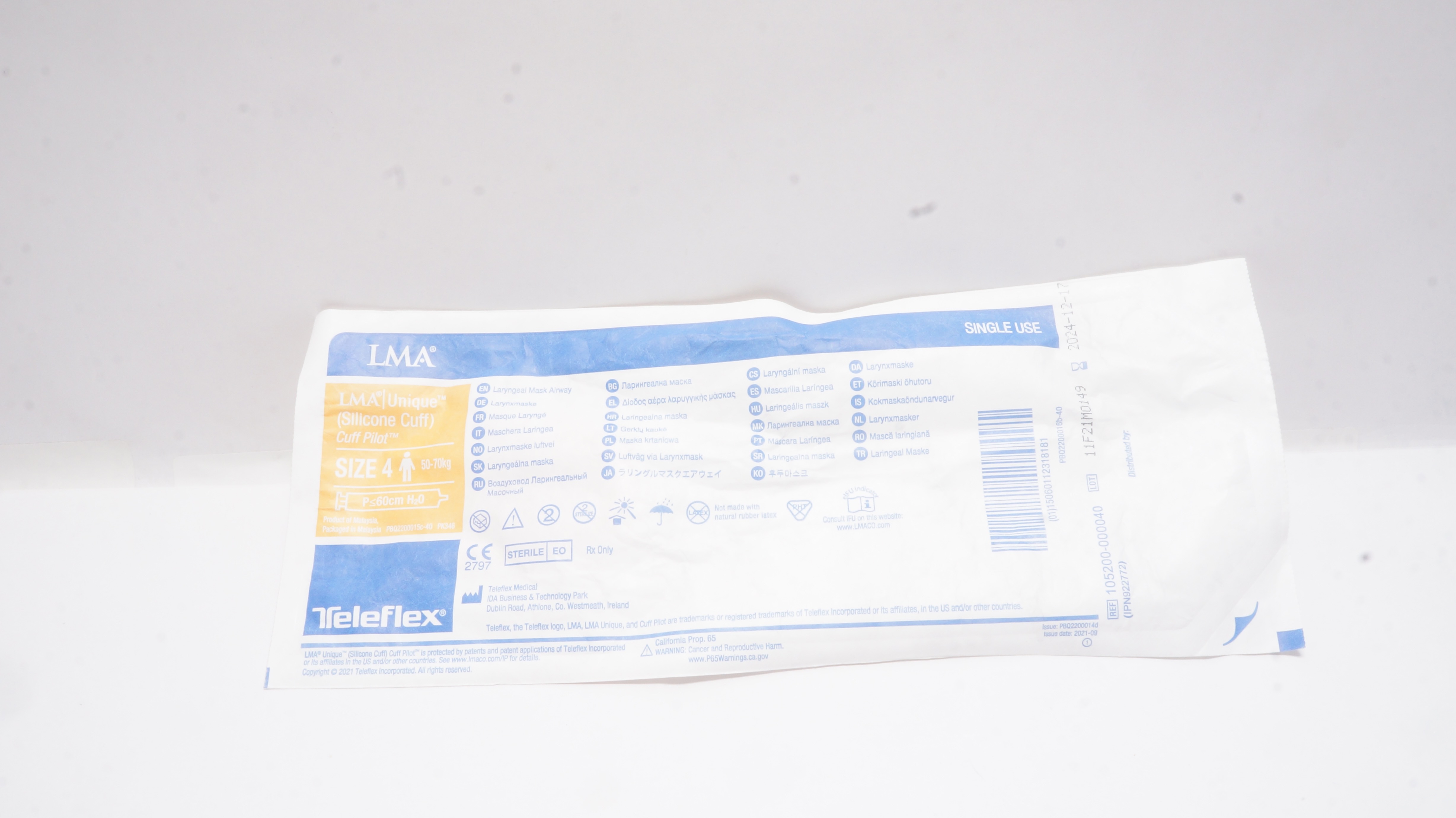 Teleflex 105200-000040 LMA Unique Cuff Pilot Laryngeal MaskAirway Size 4 50-70kg