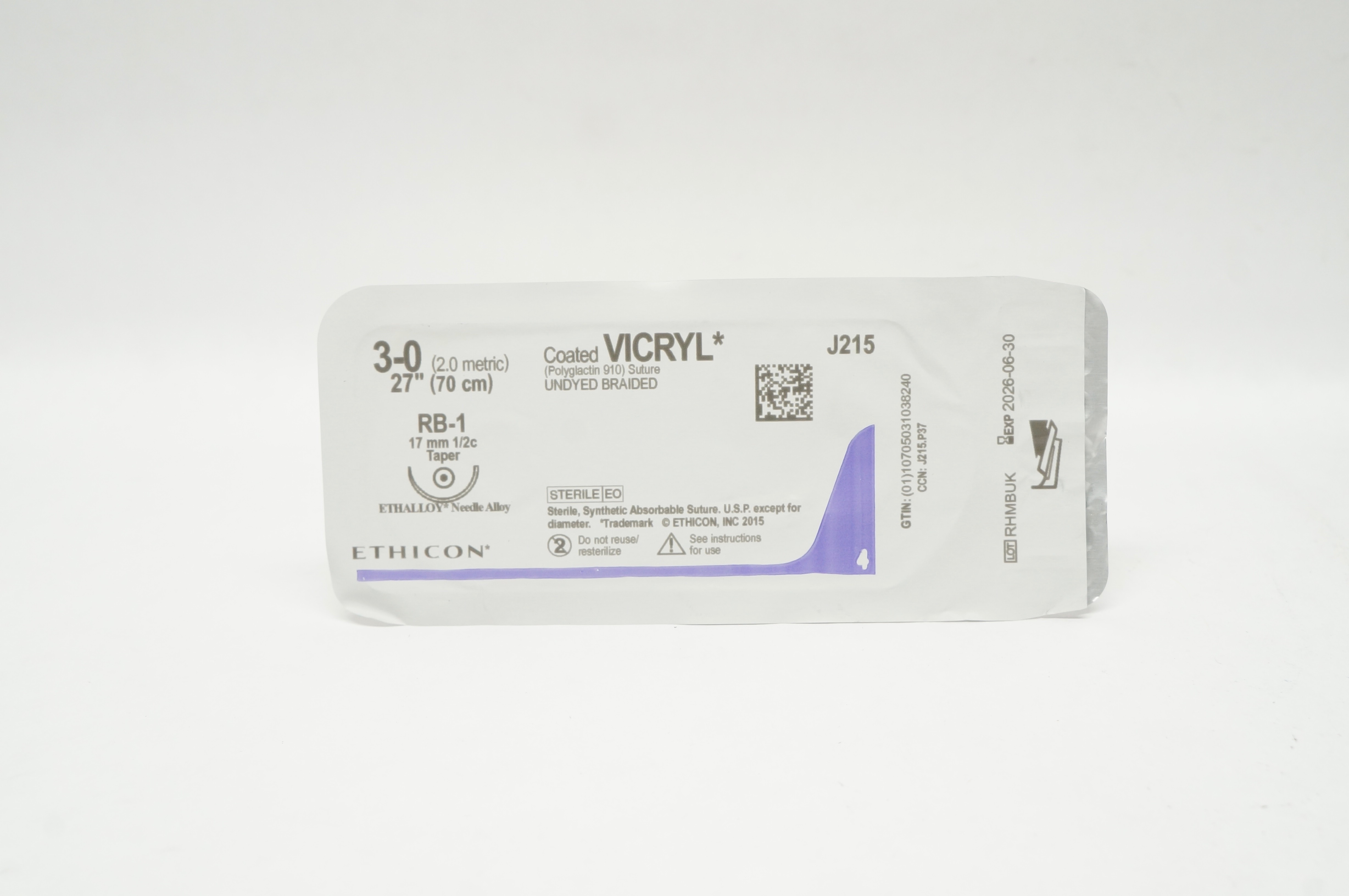 Ethicon J215 3-0 Coated VICRYL Polyglactin 910 Stre RB-1 17mm 1/2c Taper, 27inch