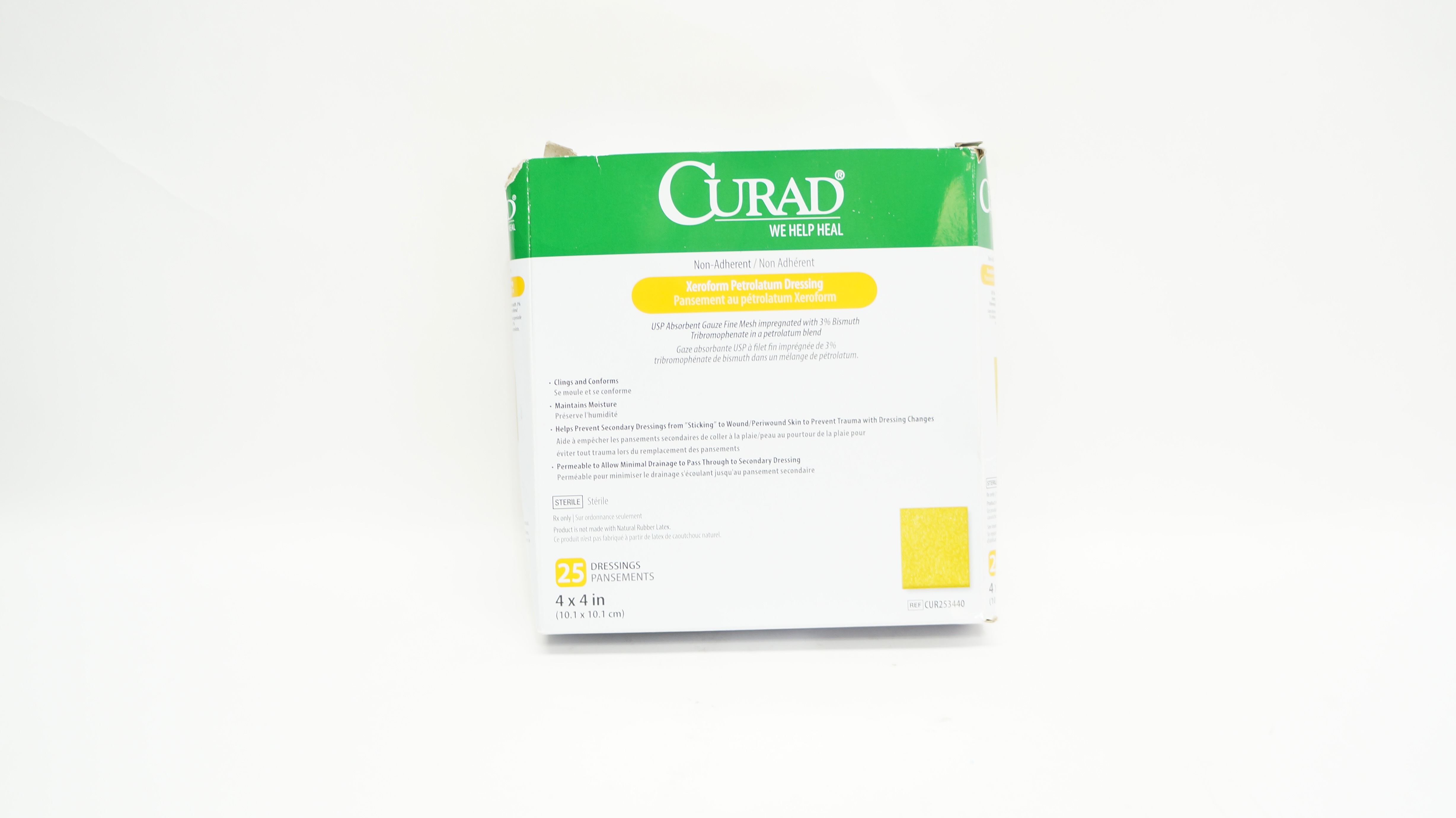 Medline CUR253440 Curad Non-Adherent Xeroform Petrolatum Dressing 4x4in-Box of25
