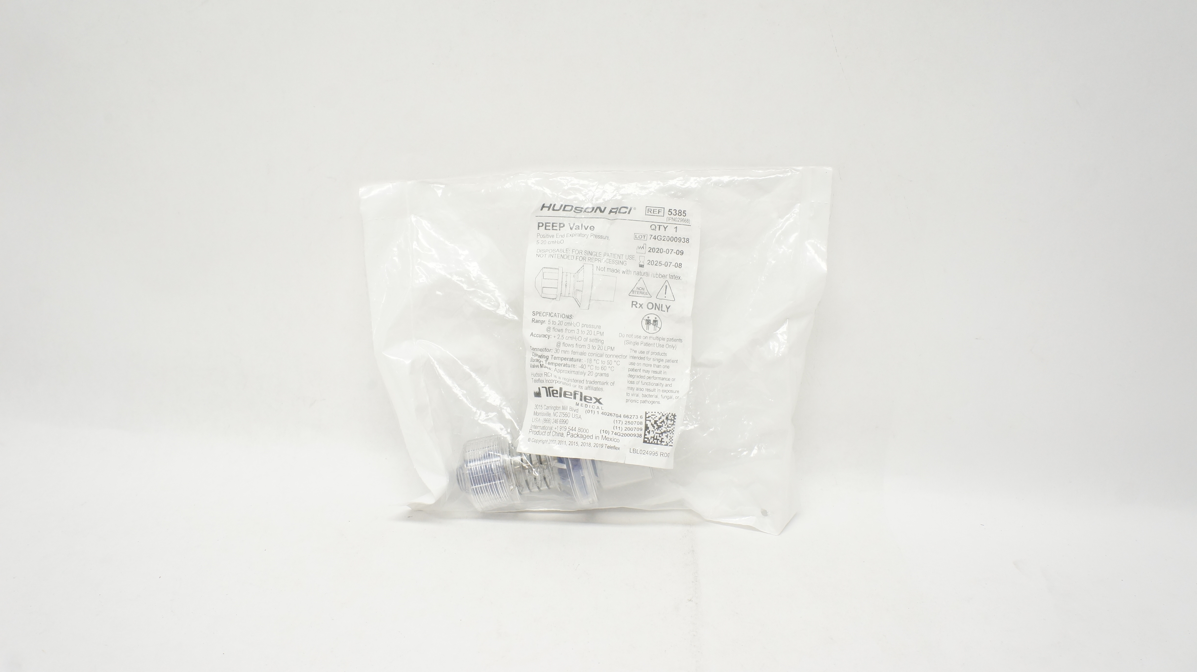 Teleflex 5385 Hudson RCI Peep Valve Positive End Expiratory Pressure 5-20cm H₂O
