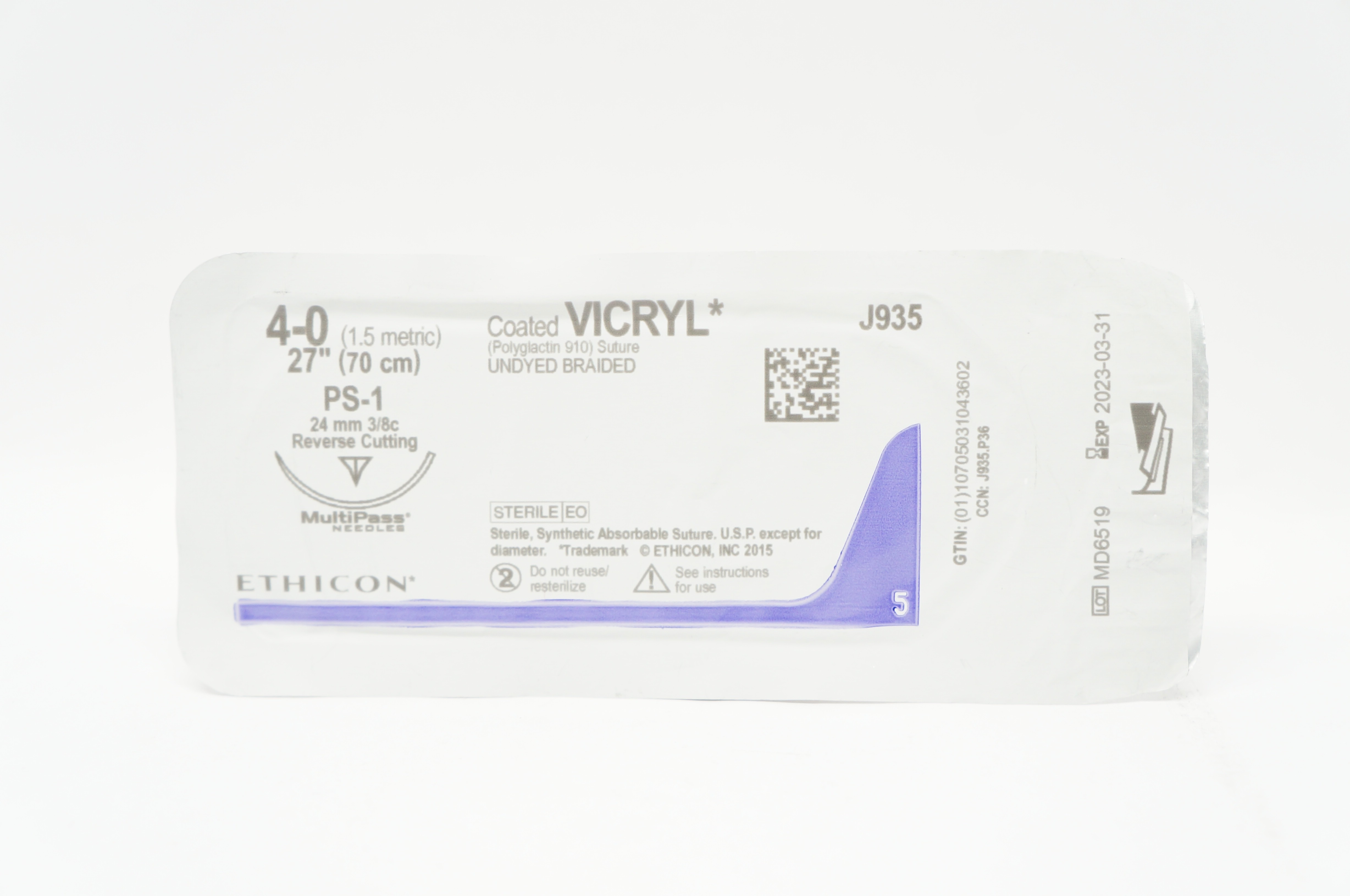 Ethicon J935 4-0 Coated VICRYL Stre PS-1 24mm 3/8c Reverse Cutting, 27inch (x)