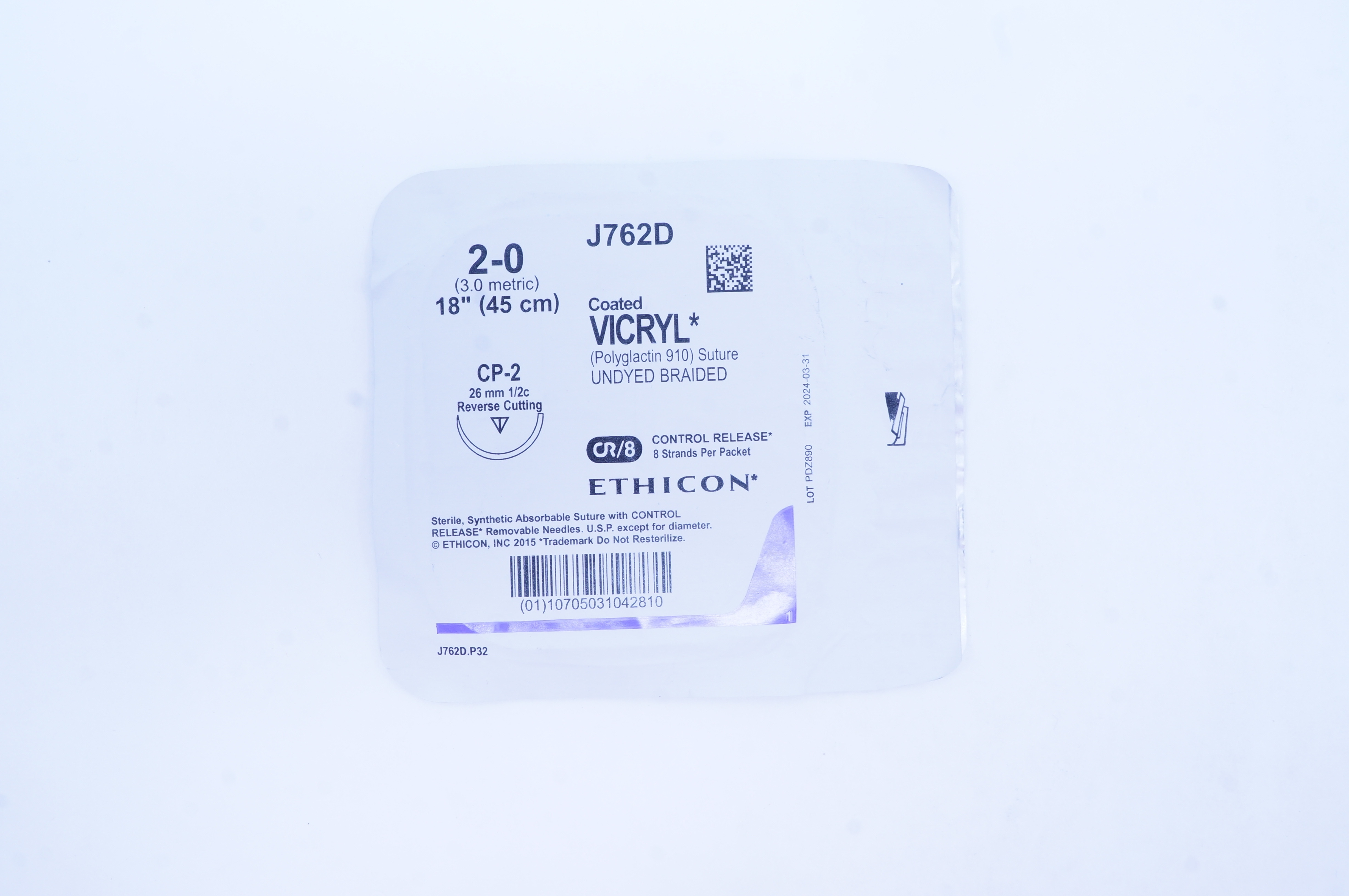 Ethicon J762D 2-0 Coated VICRYL CP-2 26mm 1/2c Reverse Cutting, 18inch