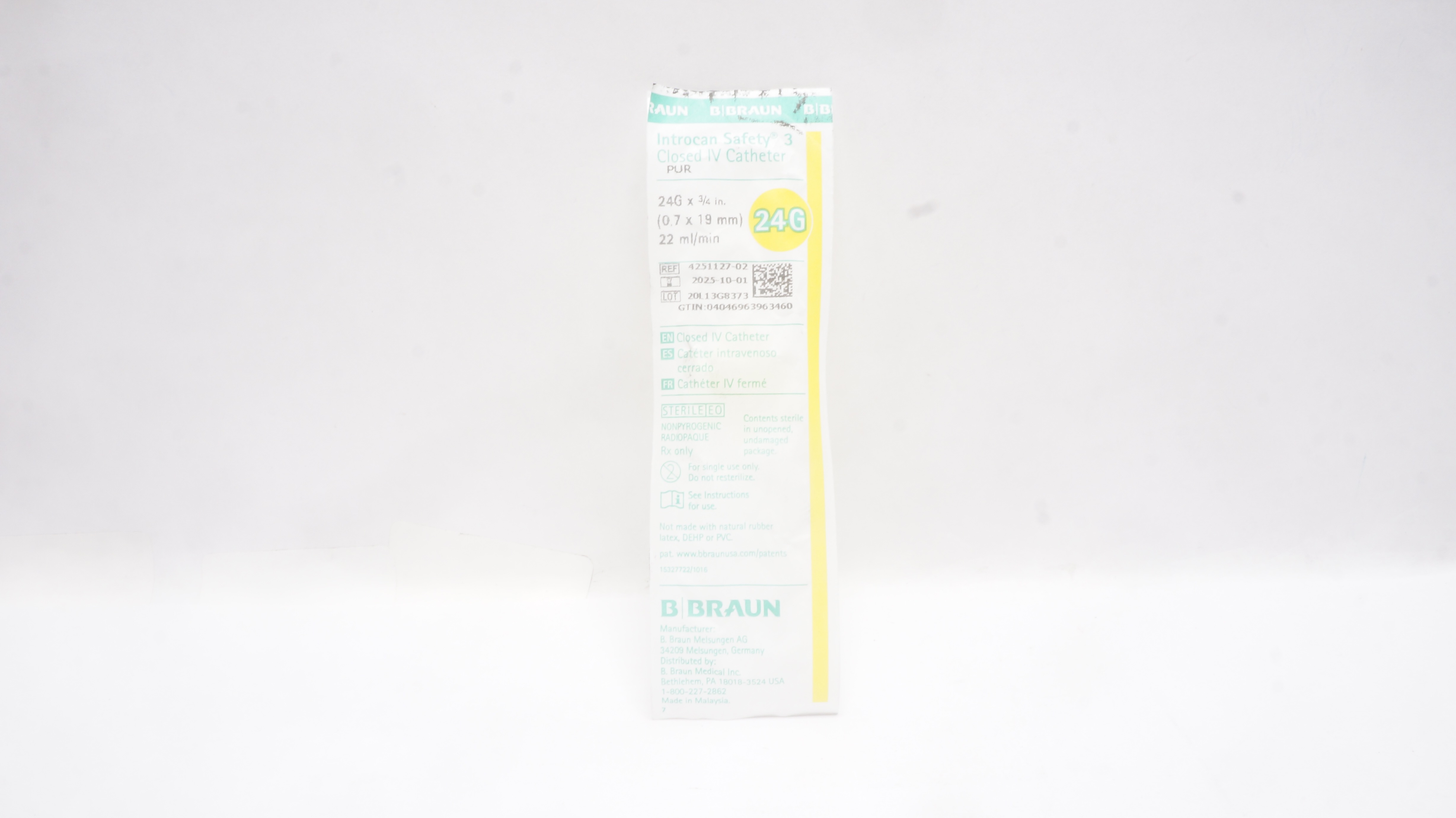 Braun 4251127-02 Introcan Safety 3 Closed IV Cath. 24G x 3/4inch 22ml/min
