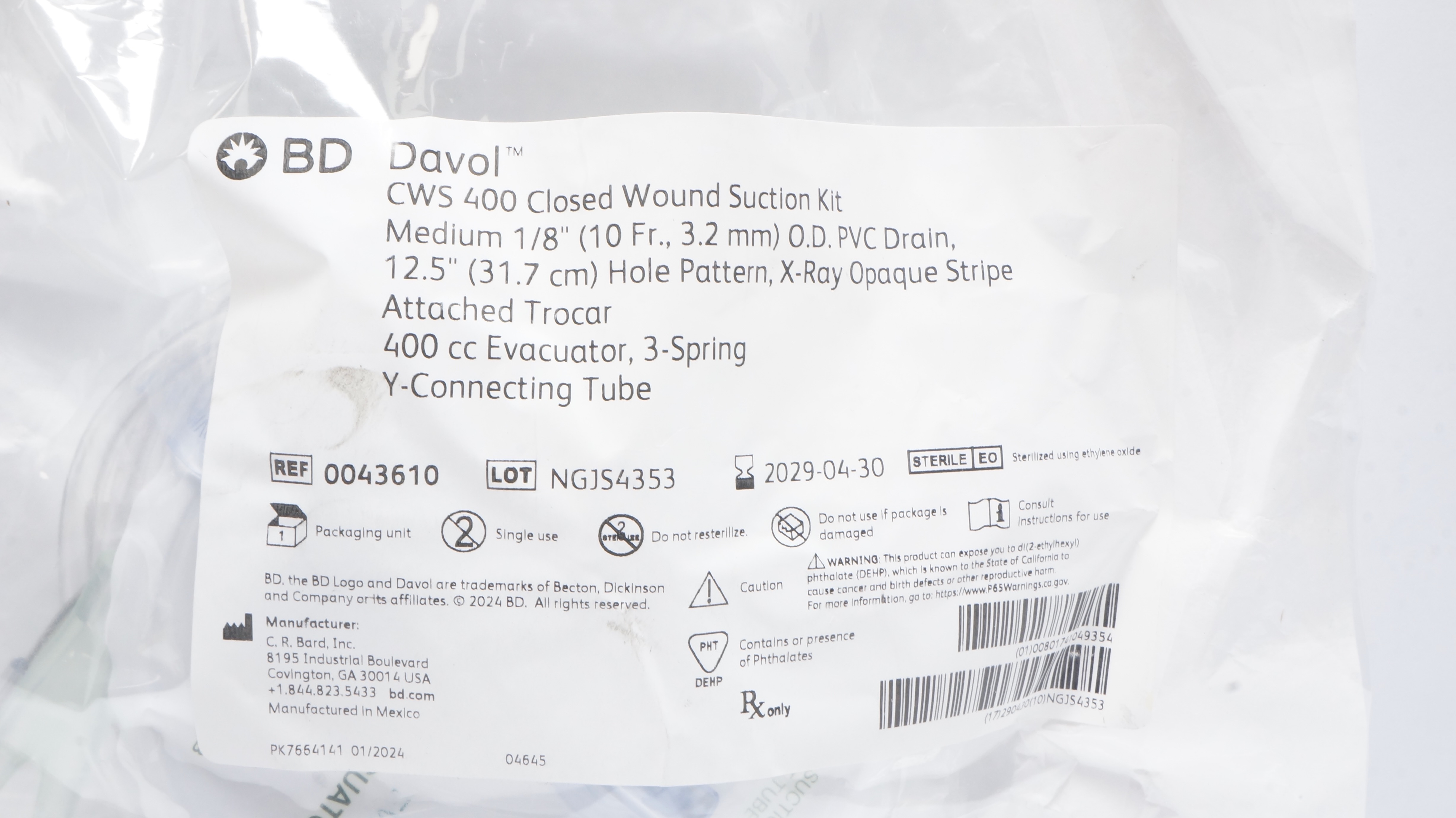 Bard 0043610 CWS 400 Closed Wound Suction Kit 1/8inch OD x 12.5inch
