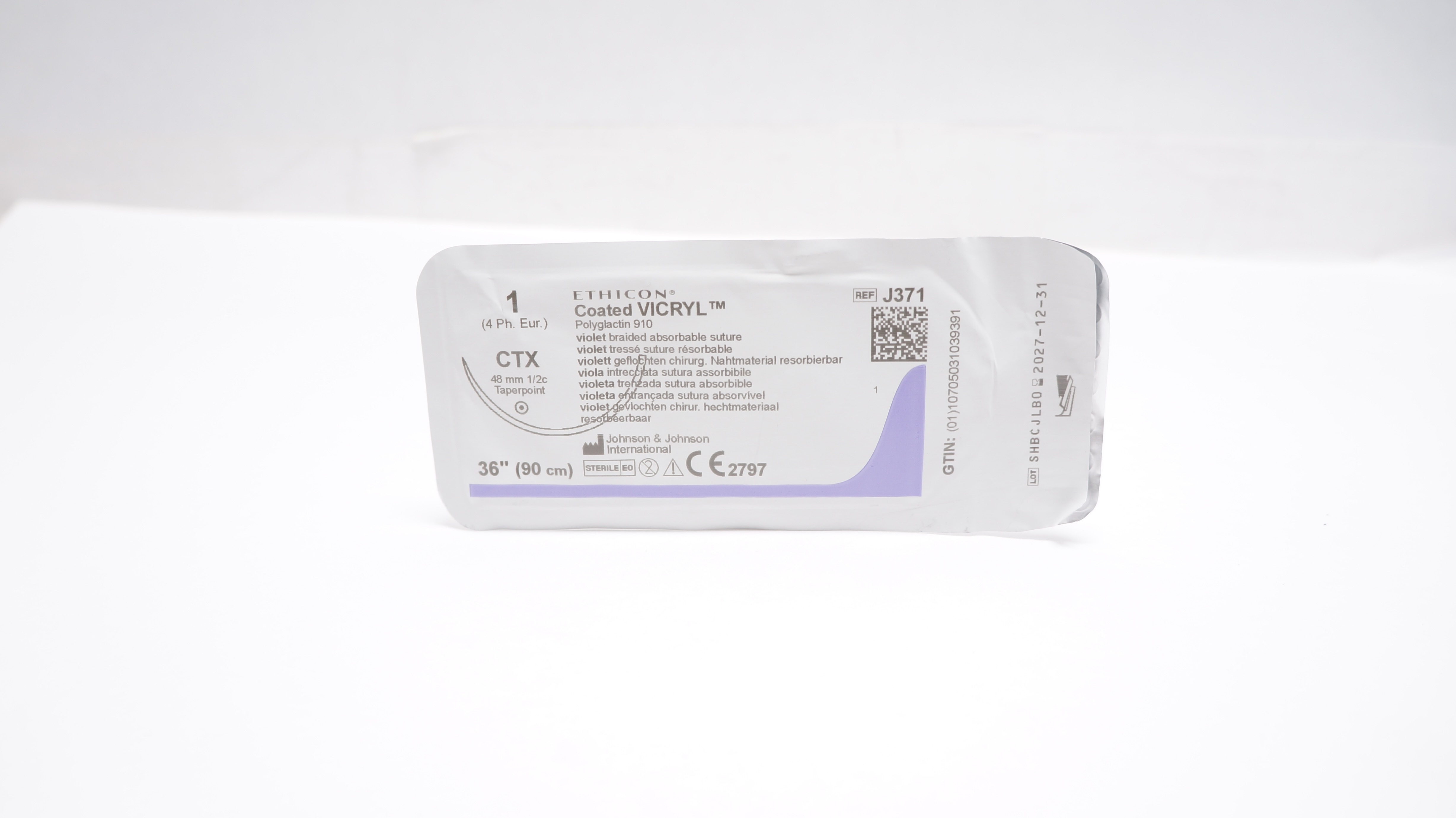 Ethicon J371 1 Coated VICRYL Polyglactin Stre CTX 48 mm 1/2c Taperpoint 36 inch