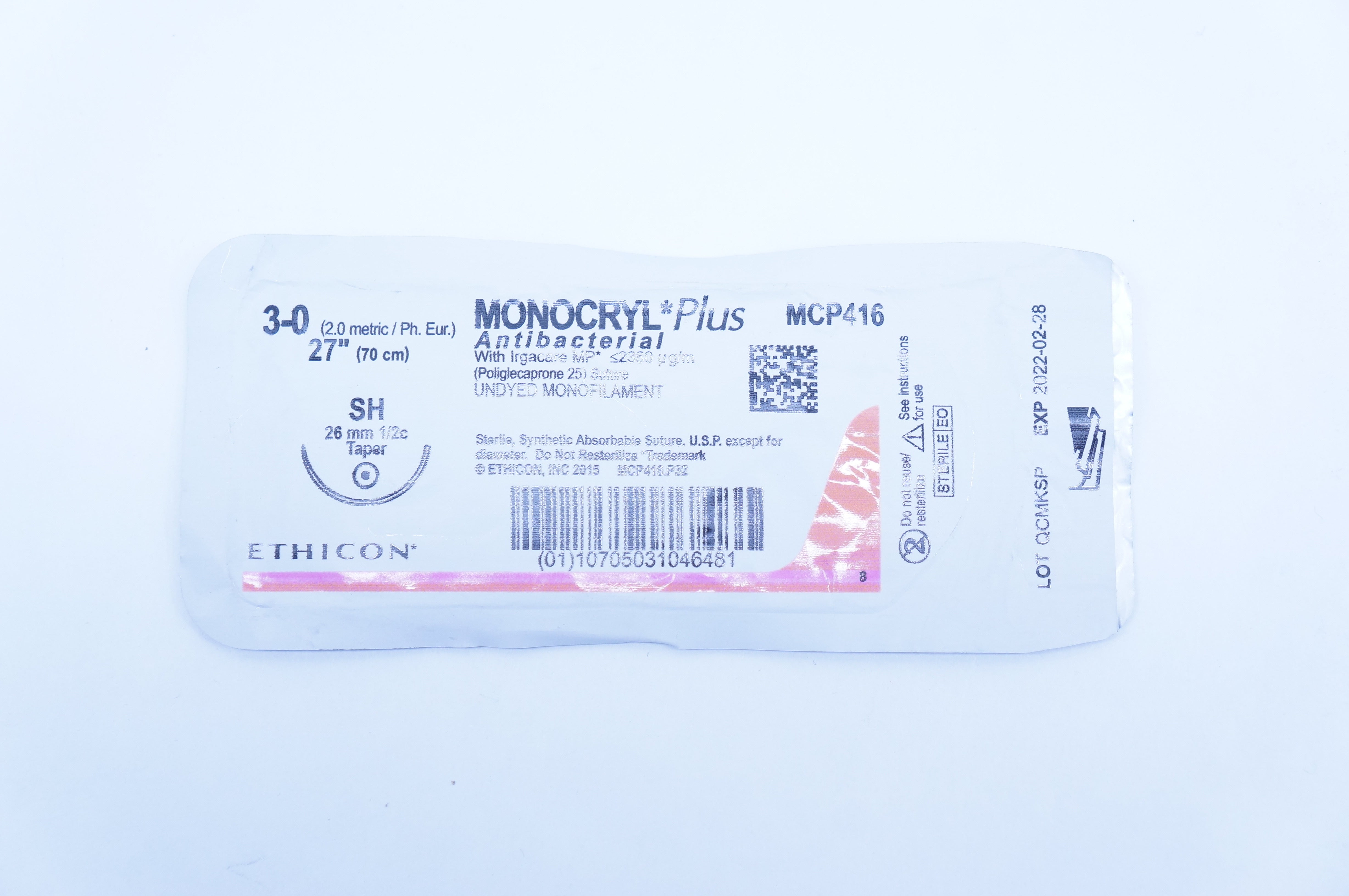 Ethicon MCP416 3-0 Monocryl Plus Stre SH 26mm 1/2c Taper 27 inch (x)