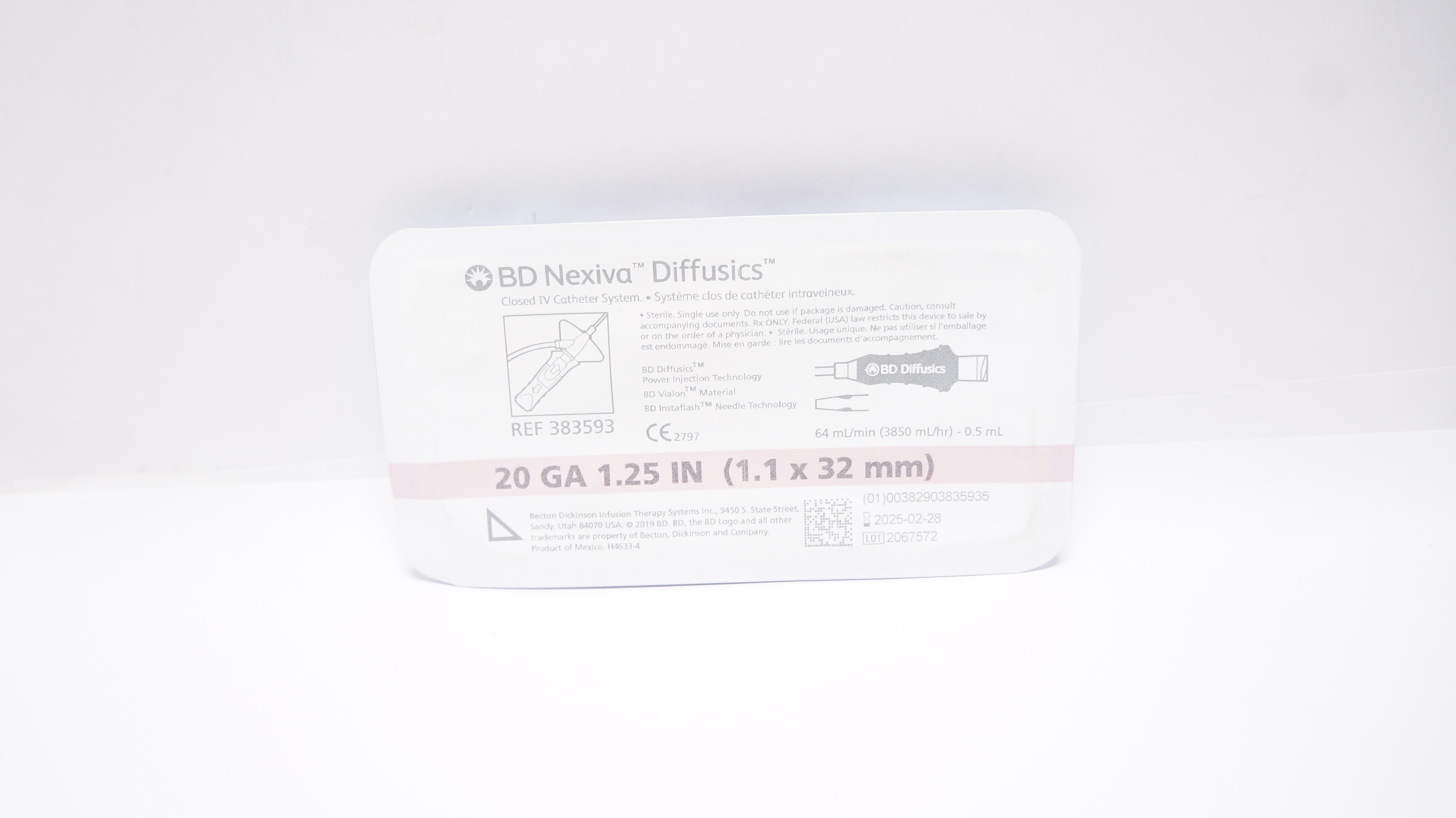 BD 383593 Nexiva Diffusics Closed IV Cath. System 20GA x 1.25inch 64mL/min
