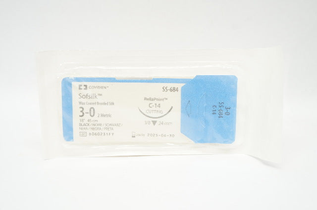 Covidien SS-684 Sofsilk 3-0 18 inch C-14 24mm Wax Coated Black SIlk Suture