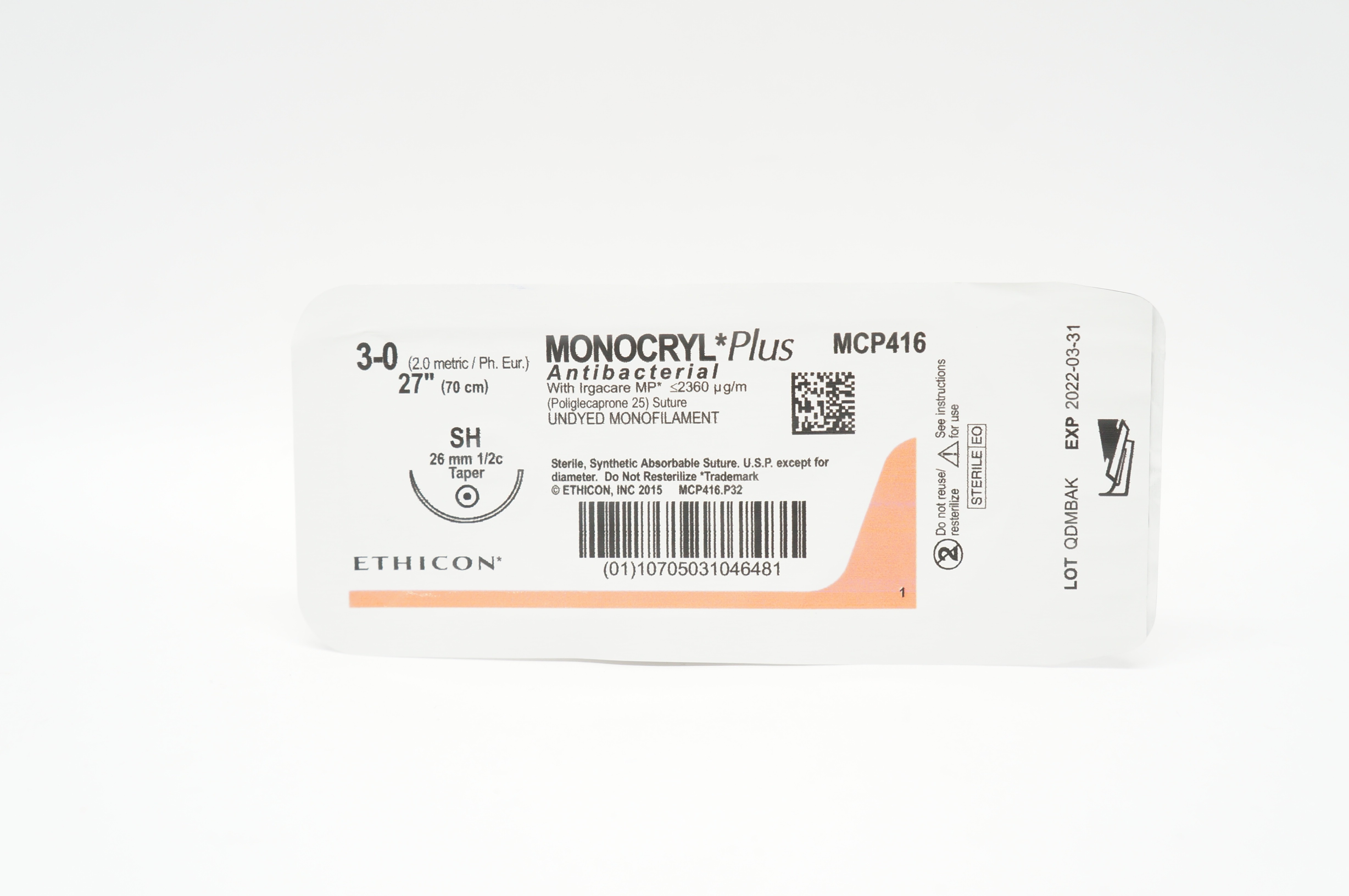 Ethicon MCP416 3-0 MONOCRYL Plus, SH, 26mm 1/2c Taper, 27inch (x)