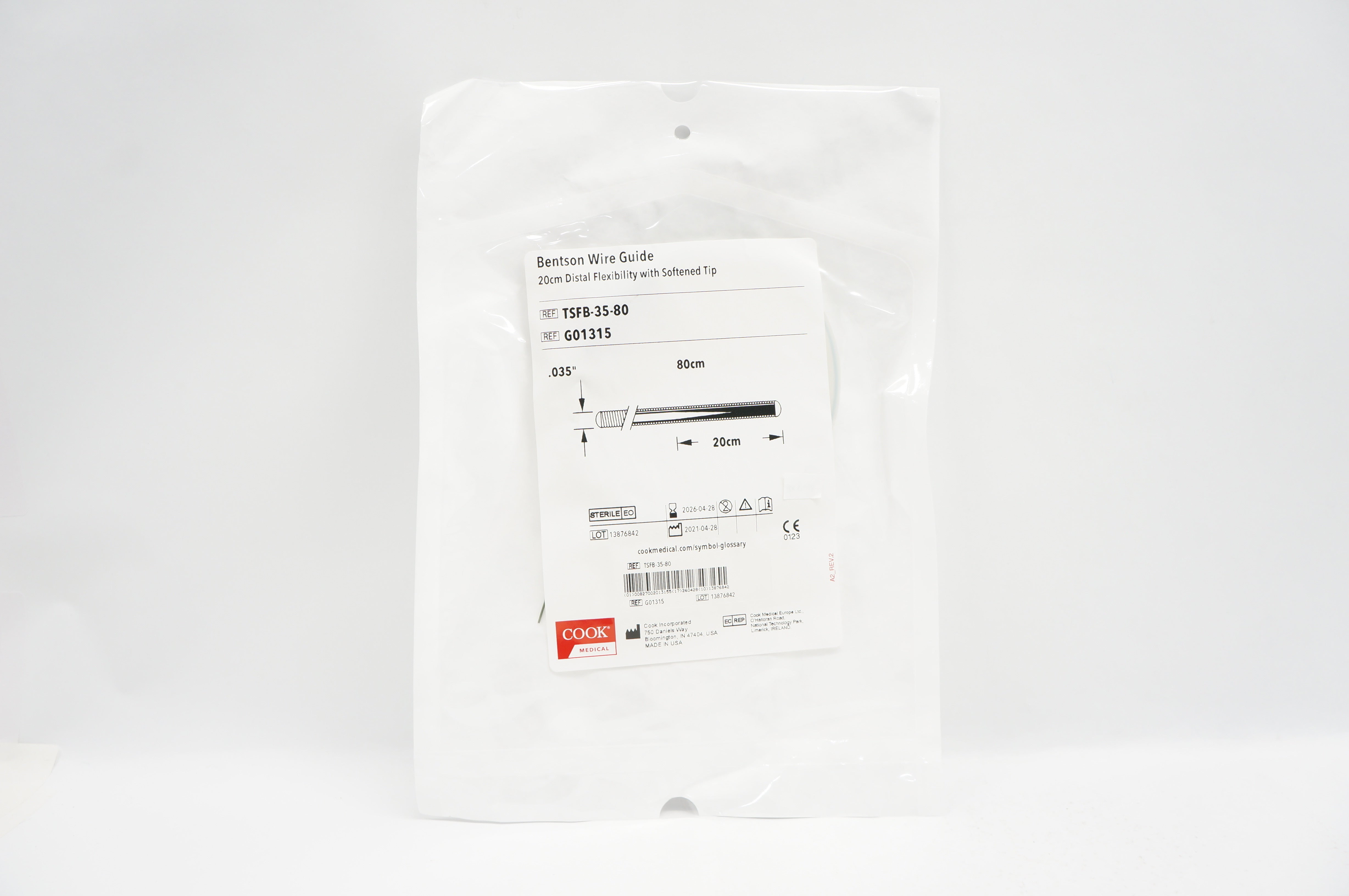 Cook Medical G01315 Bentson Wire Guide 20cm Distal Flexibility with Softened Tip