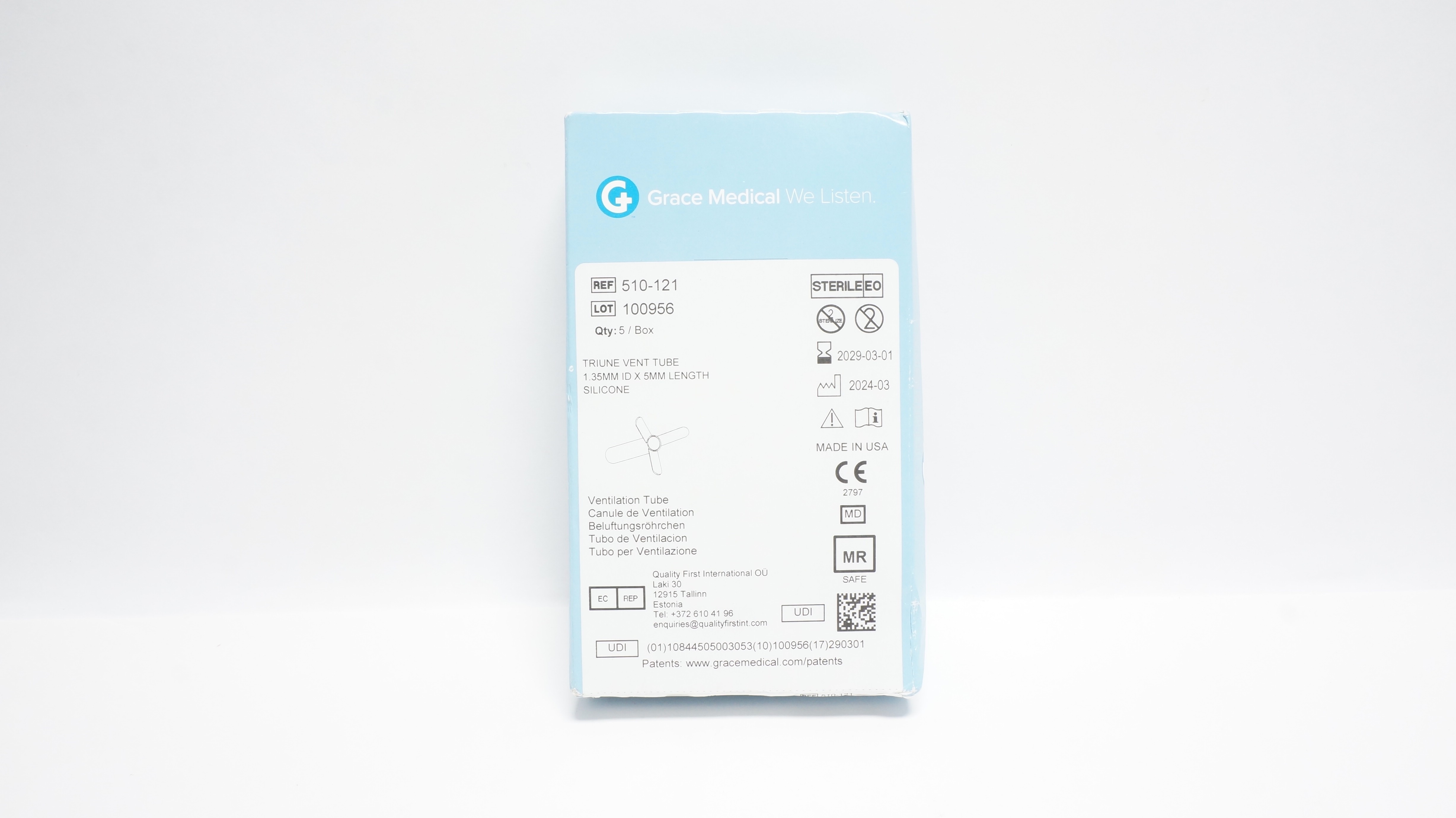 Grace Medical 510-121 Triune Vent Tube 1.35mm ID x 5mm Length Silicone -Box of 5