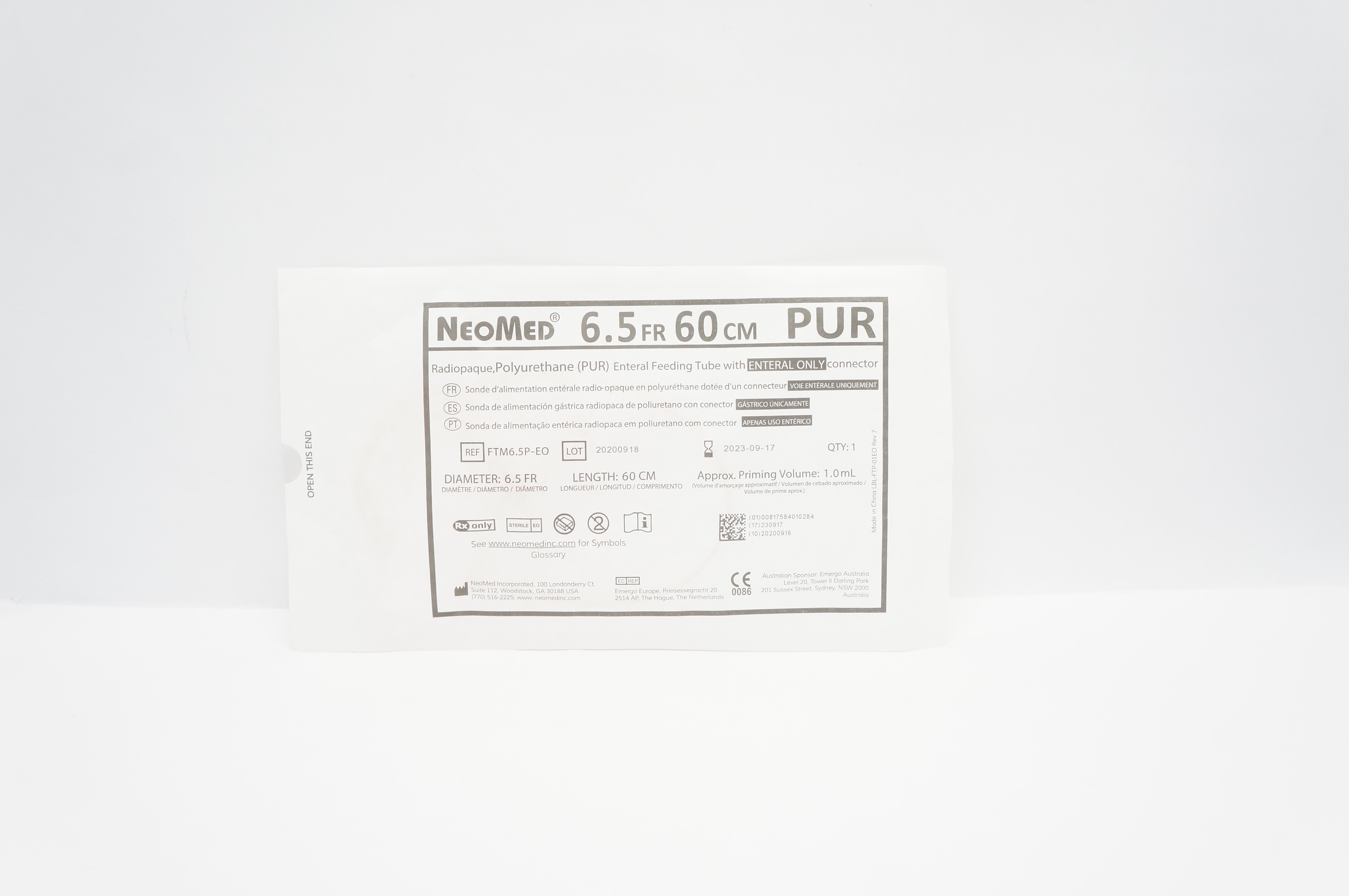 NeoMed FTM6.5P-EO  Polyurethane Enteral Feeding Tube Pediatric 6.5F x  60cm