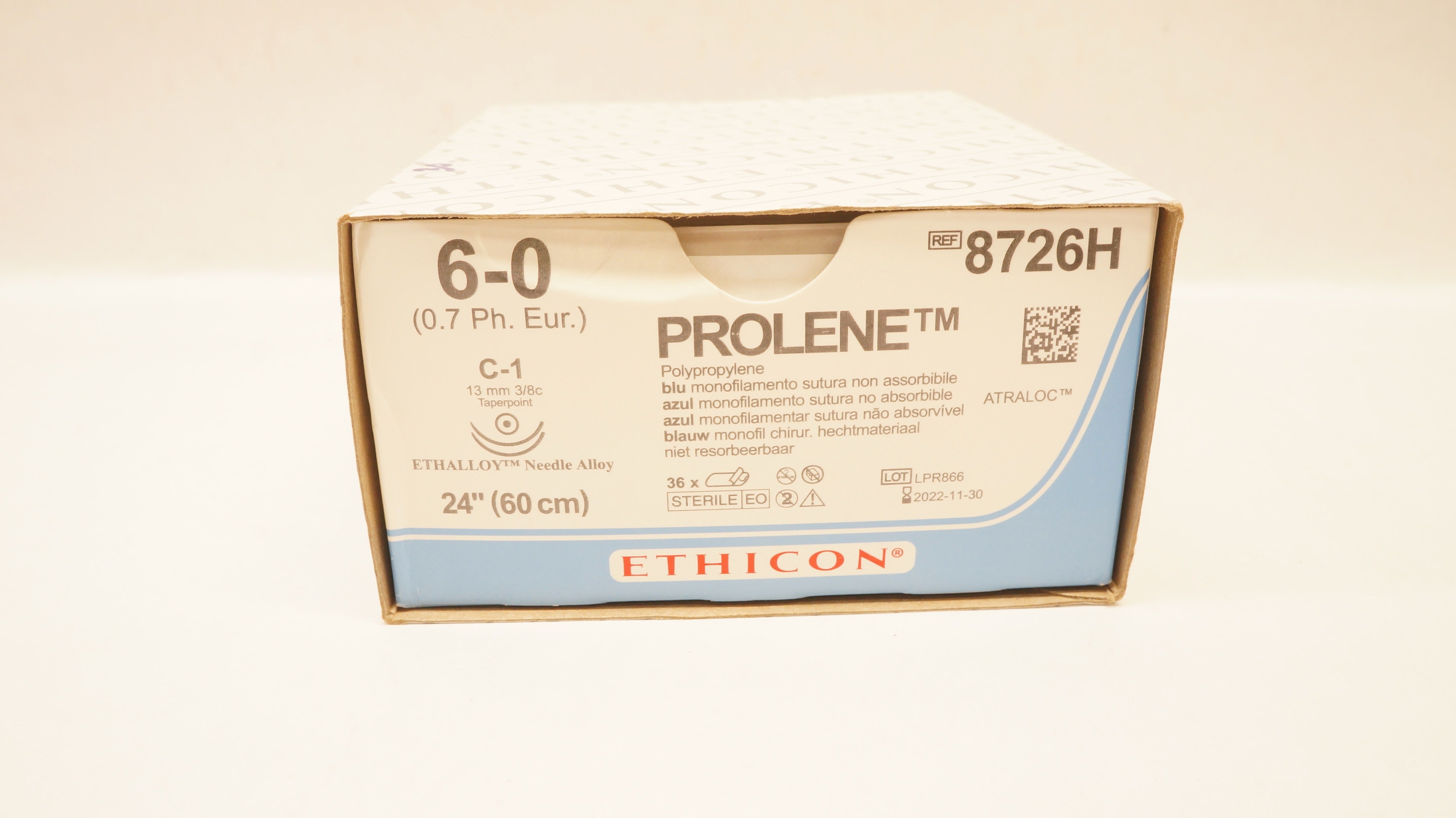 Ethicon 8726H 6-0 Prolene Stre C-1 13mm 3/8c Taperpoint, 24inch - Box of 30