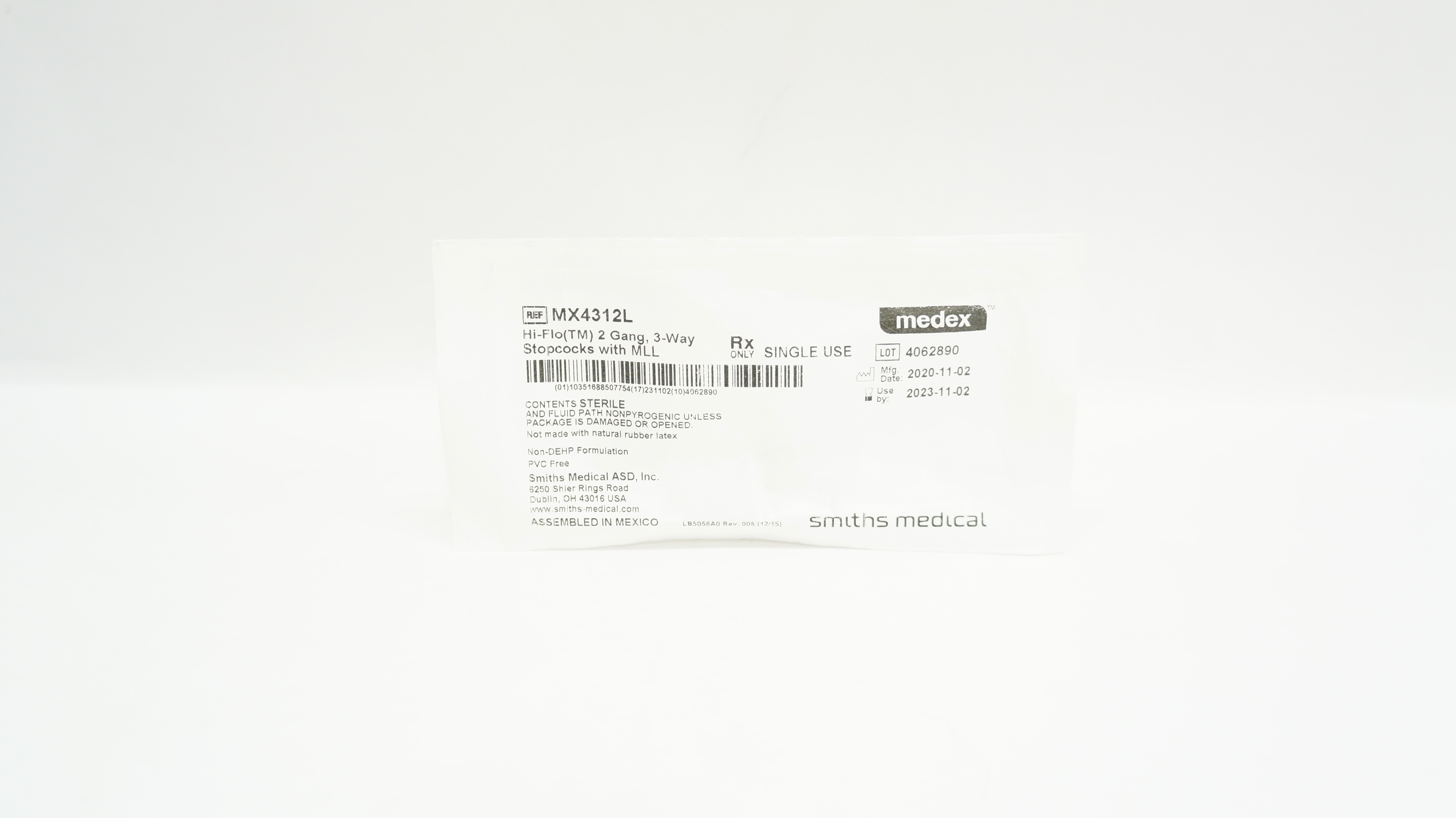 Smiths Medical MX4312L Medex Hi-Flo 2 Gang 3-Way Stopcocks with MLL