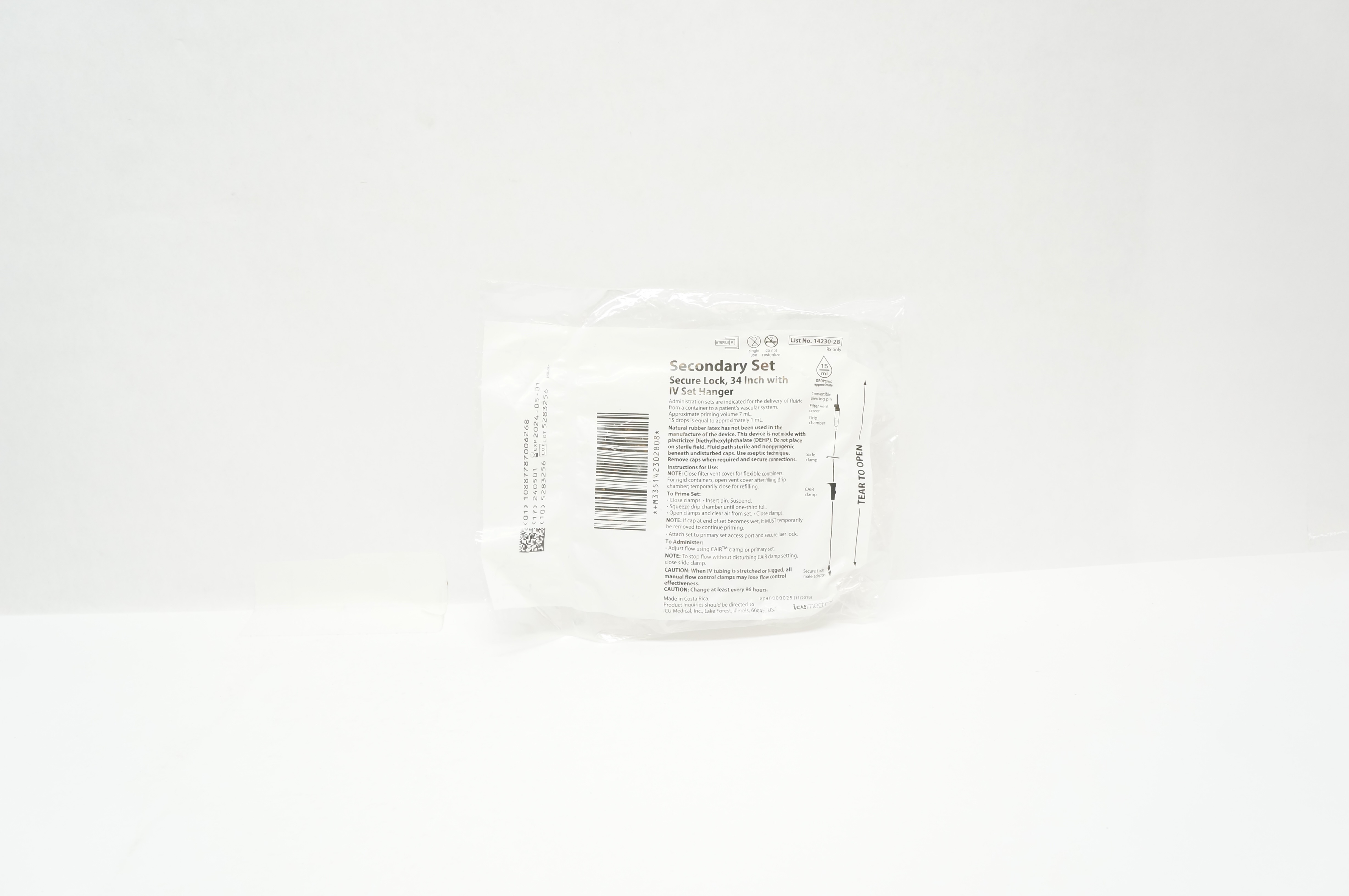ICU Medical 14230-28 Secondary Set Secure Lock 34inch w/IV Set Hanger15 Drops/mL