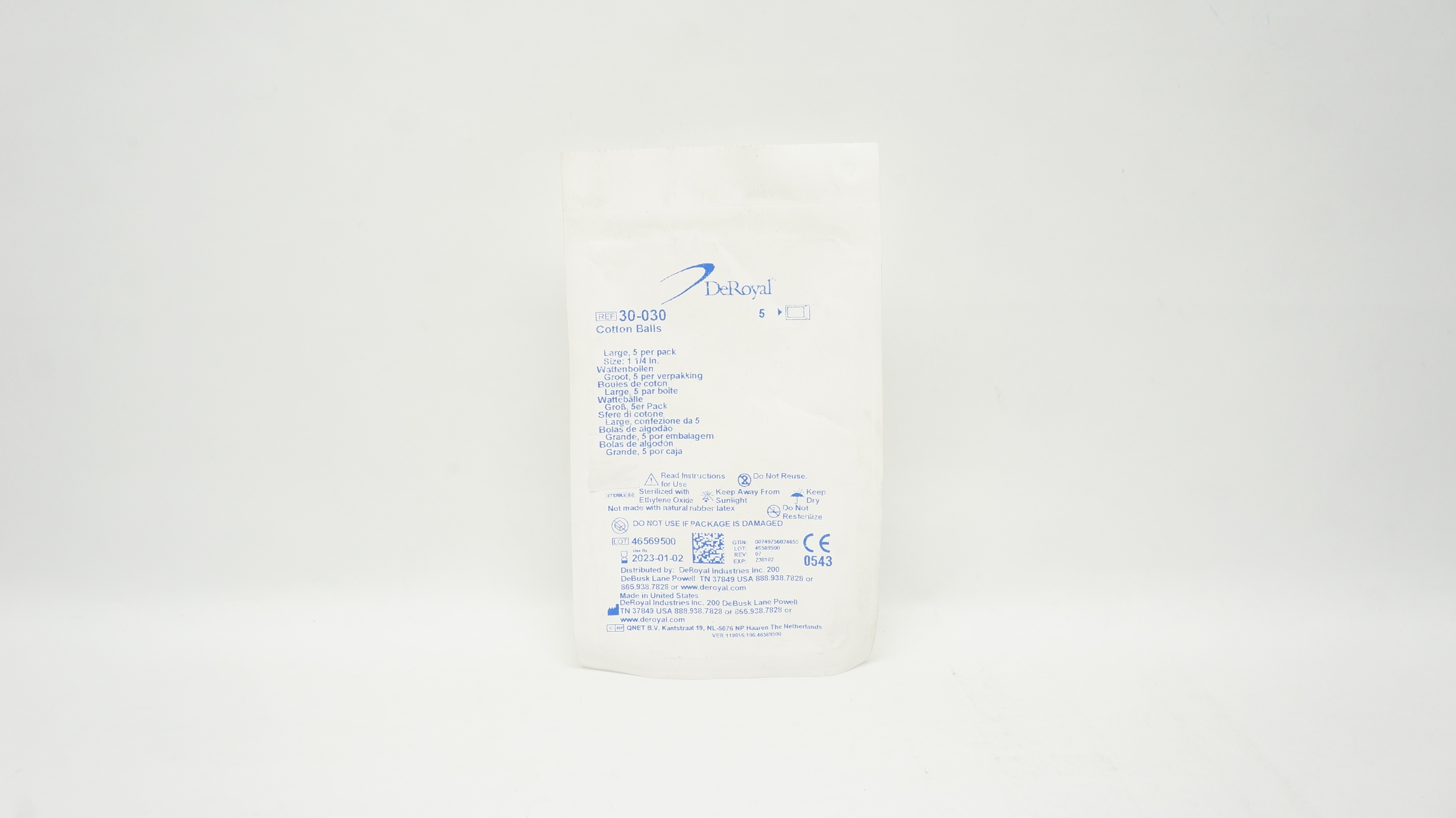 DeRoyal 30-030 Cotton Balls Large Size 1-1/4inch - Pack of 5