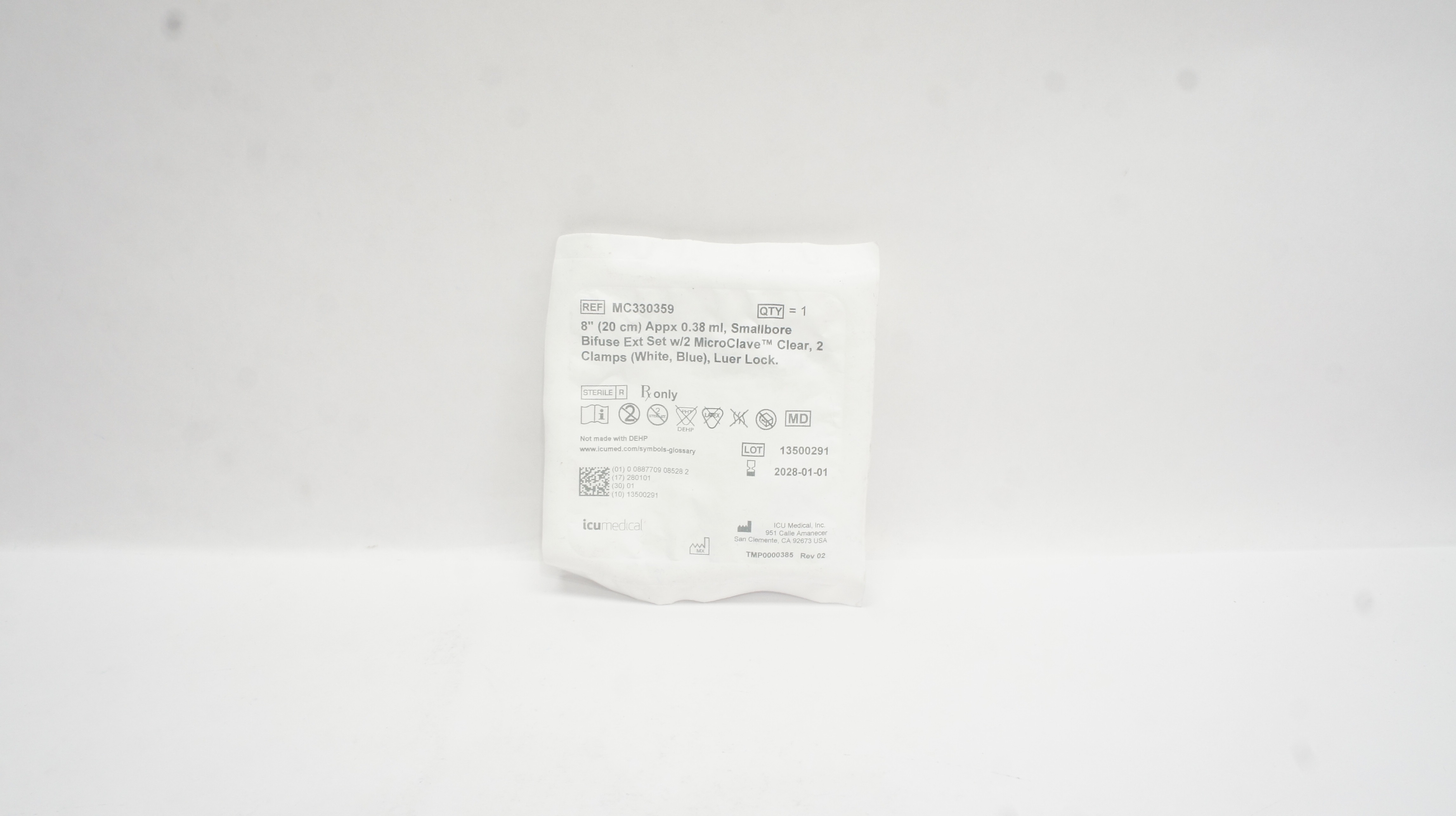 ICU Medical MC330359 Appx 0.38mL, Smallbore Bifuse Extension Set 8inch