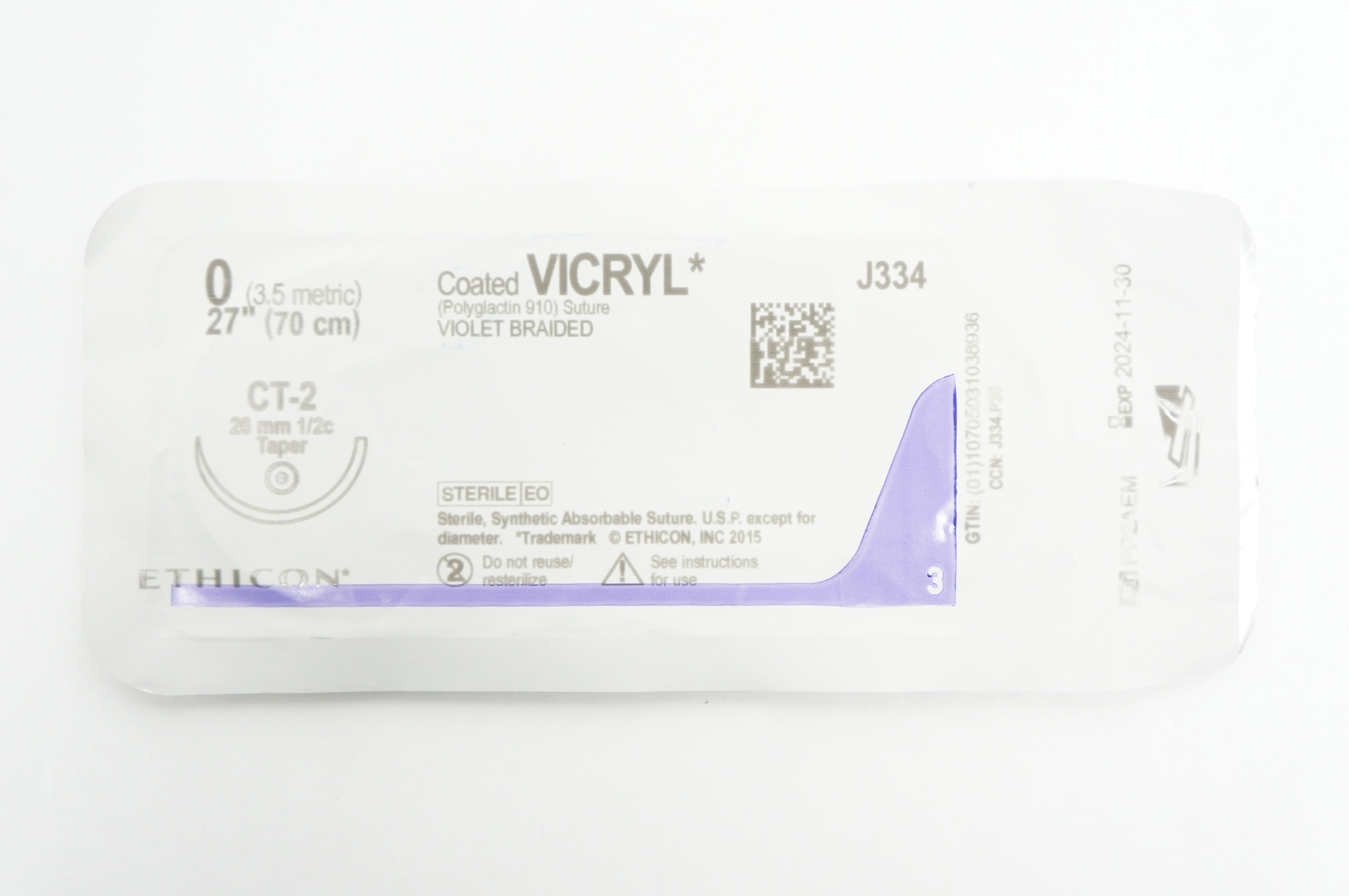 Ethicon J334 0 VICRYL, CT-2, 26mm 1/2c Taper 27 inch