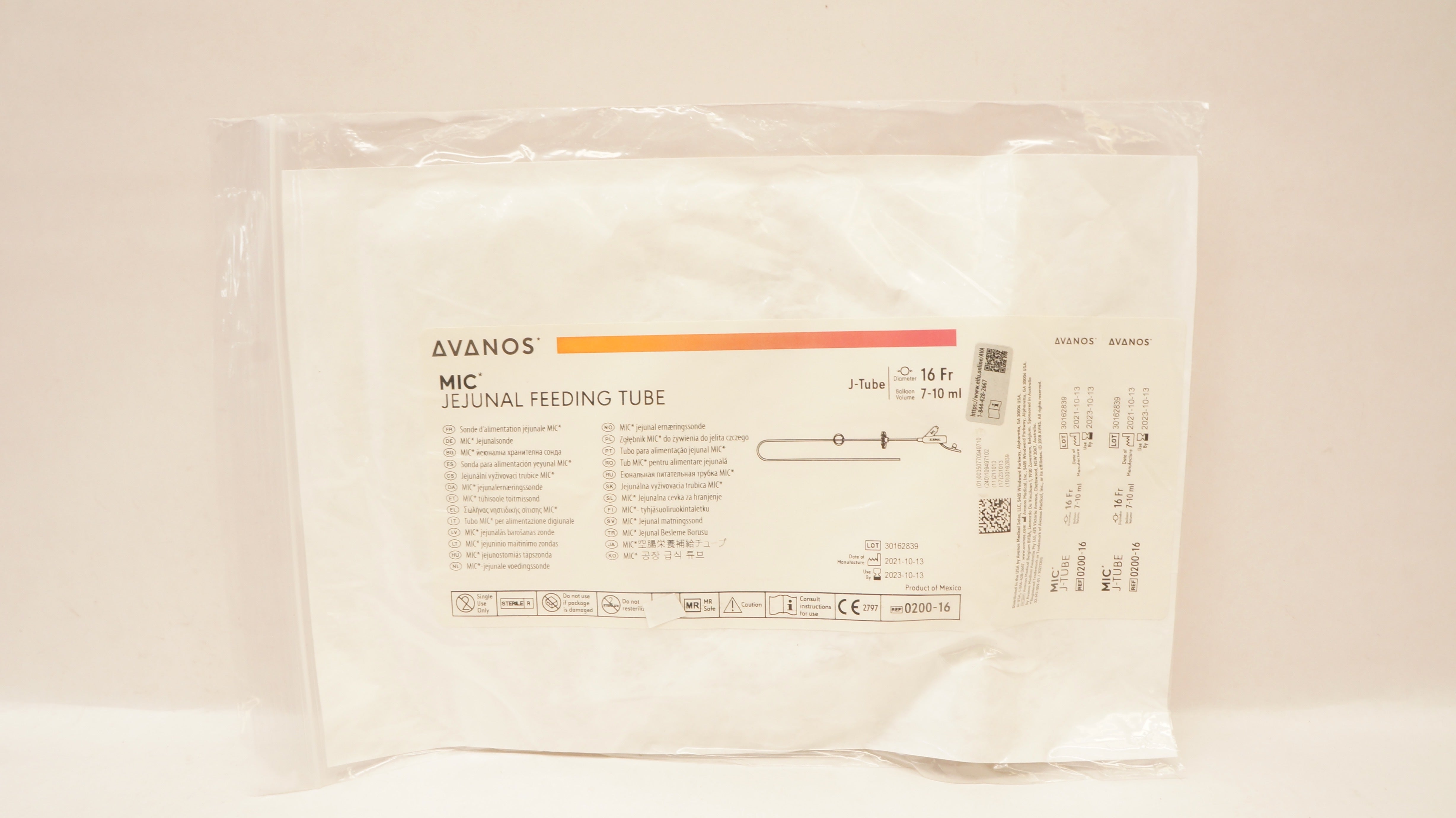 Avanos 0200-16 MIC Jejunal Feeding Tube J-Tube 16Fr x 7-10 ml (x)