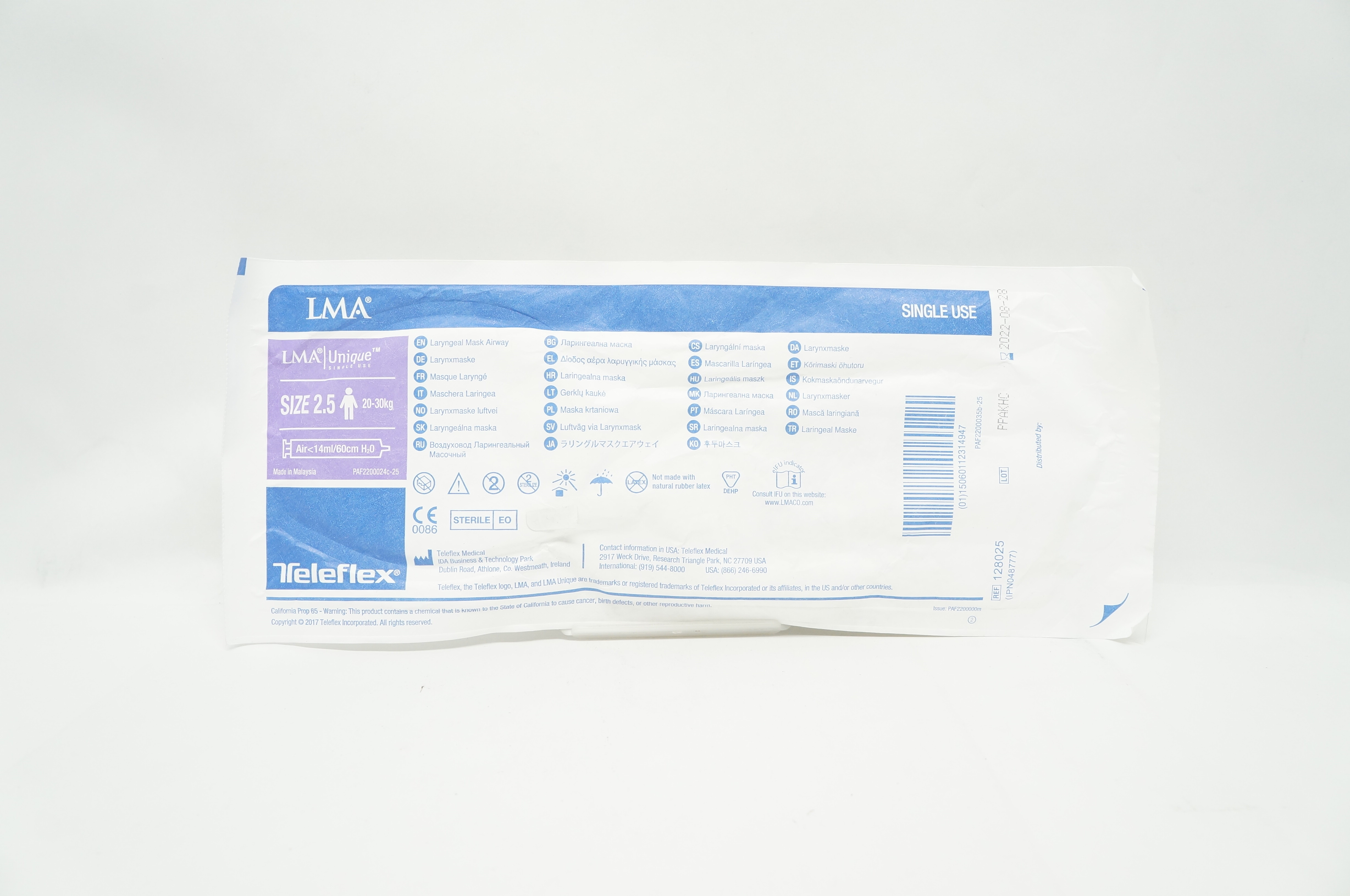 Teleflex 128025 LMA Uique Laryngeal Mask Airway Size 2.5 20-30kg, <14ml/60cm H2O