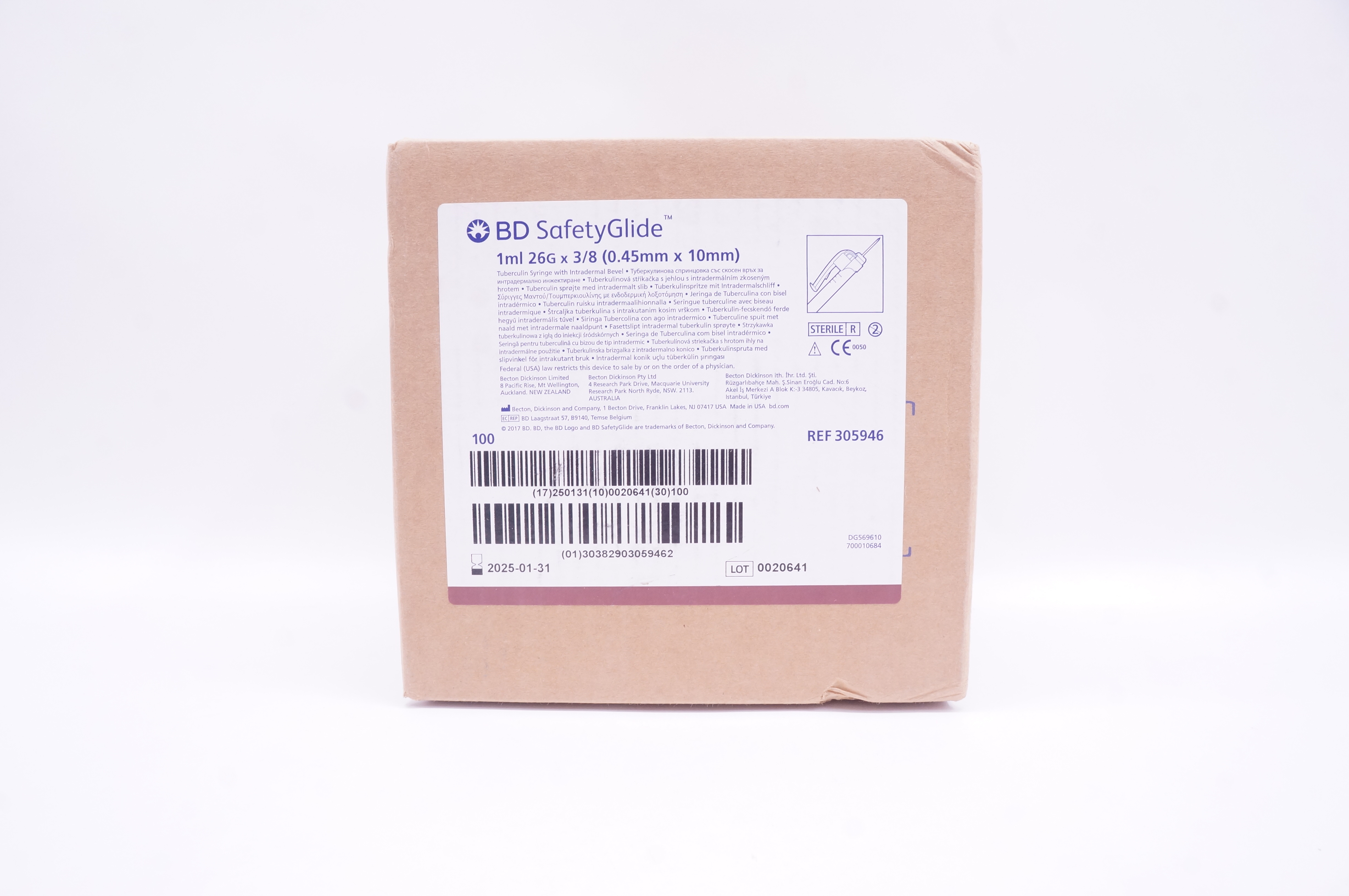 BD 305946 Safety Glide 1ml, 26G x 3/8inch - Box of 100
