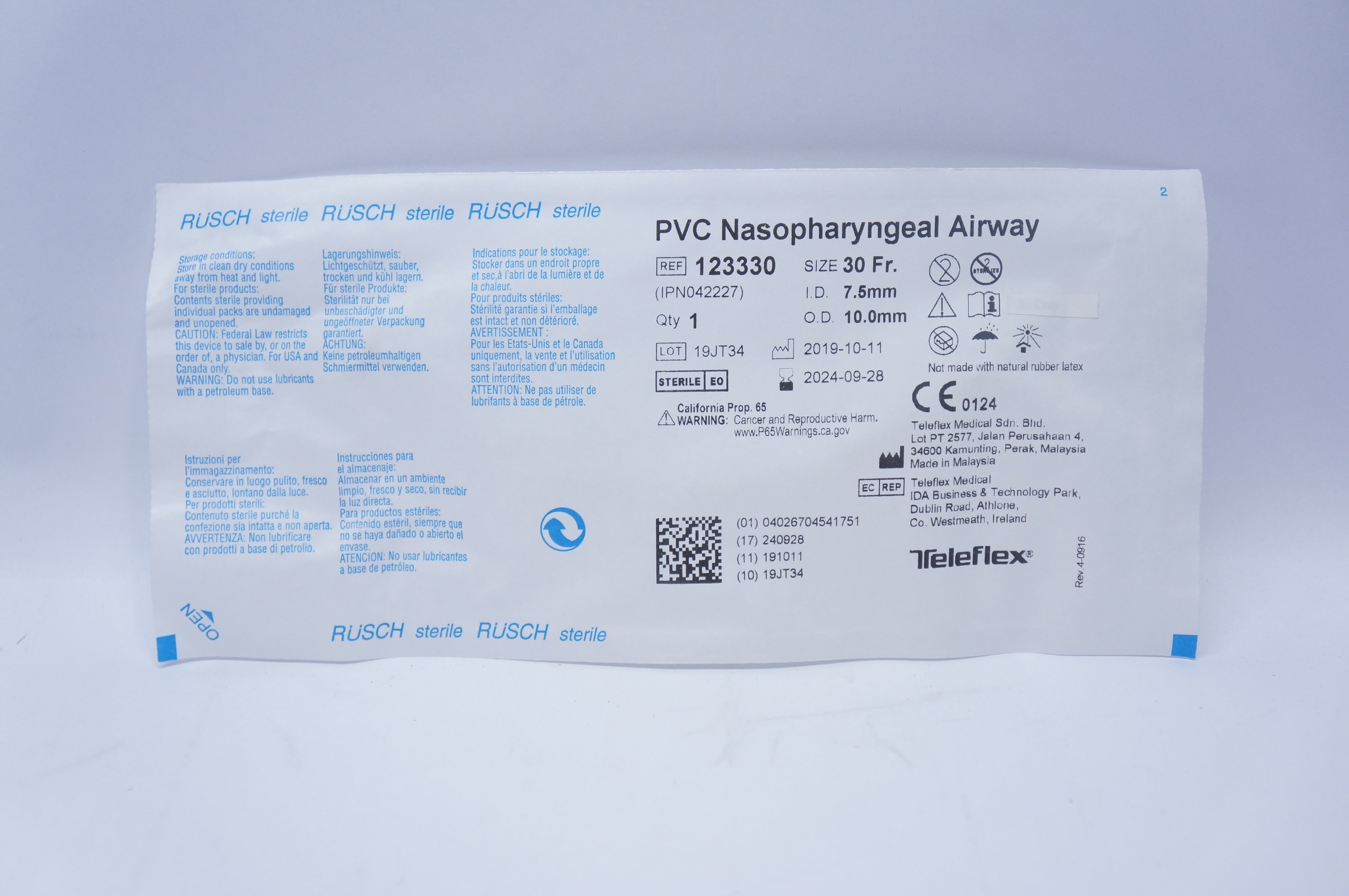 Teleflex 123330 PVC Nasopharyngeal Airway  30 Fr. 7.5mm x 10.0mm