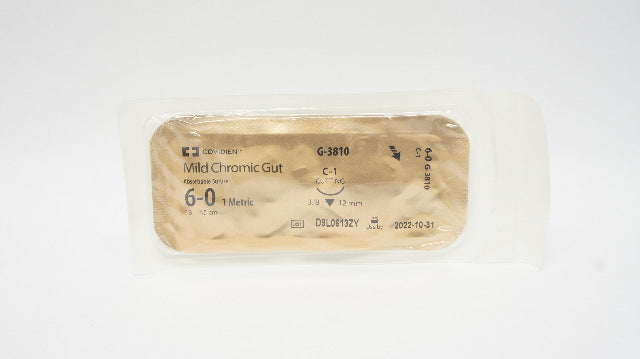 Covidien G3810 6-0 18in Mild Chromic Gut Suture, Reverse Cutting, C-1 Ndle.