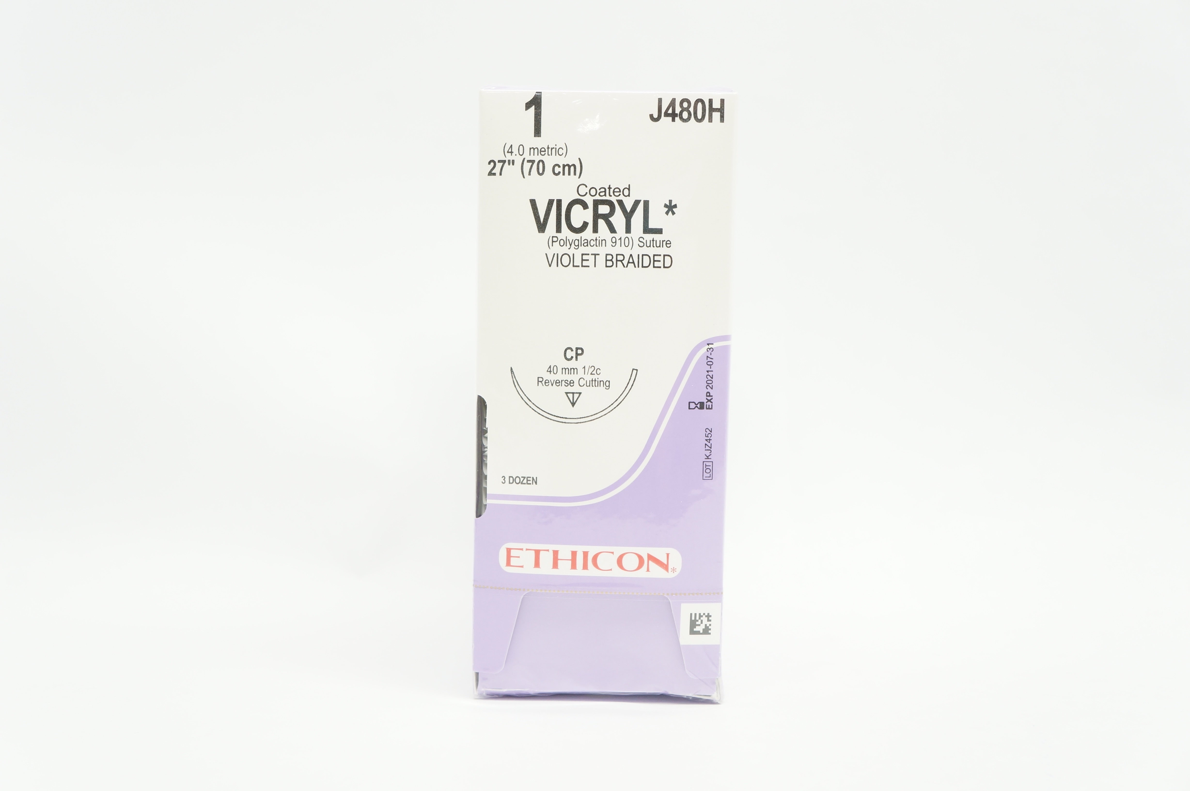 Ethicon J480H 1 Vicryl CP 40mm 1/2c Reverse Cutting, 27inch - Box of 36