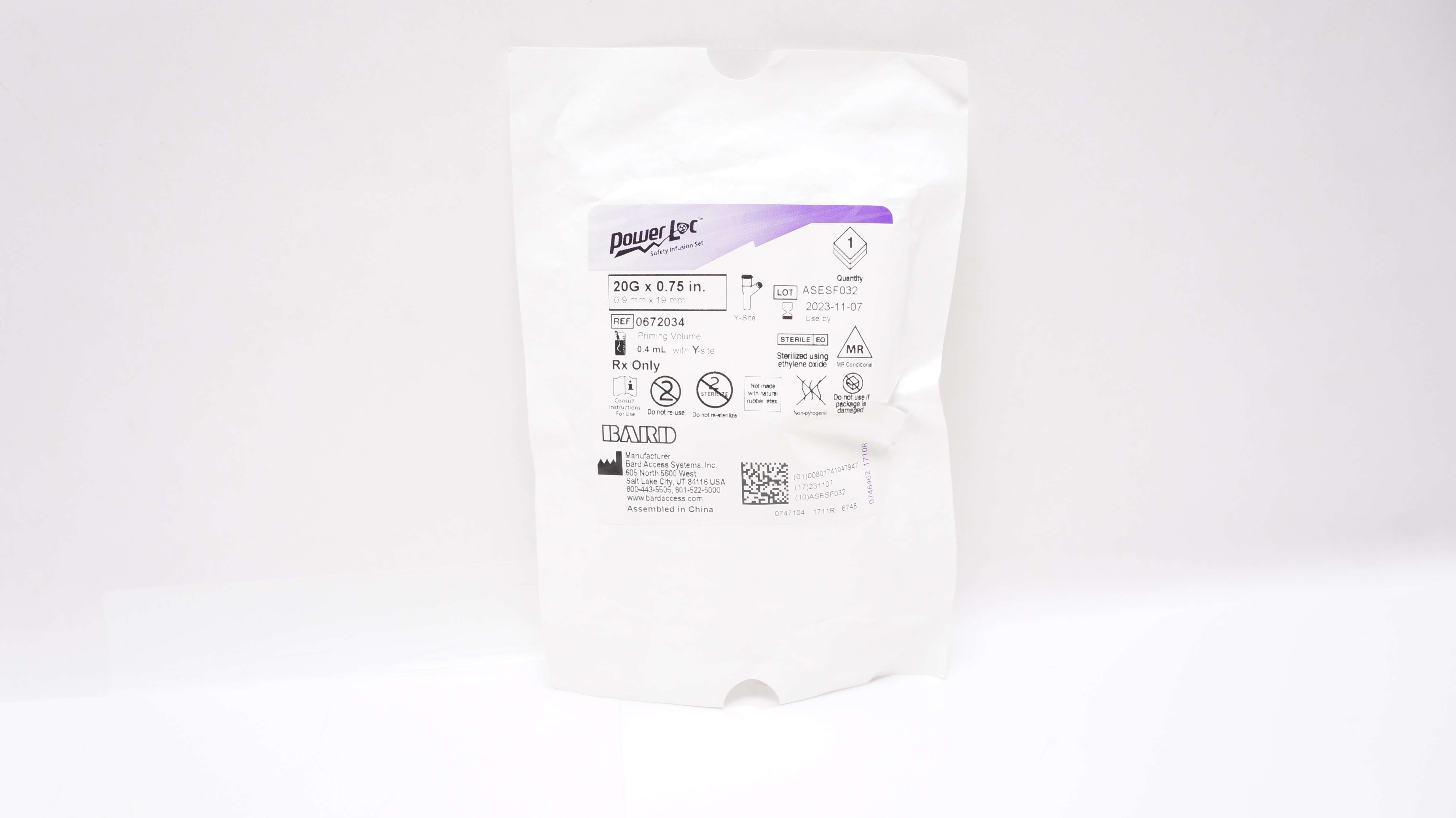 Bard 0672034 Power Loc Safety Infusion Set 20Gx0.75inch Priming Volume 0.4 mL(x)