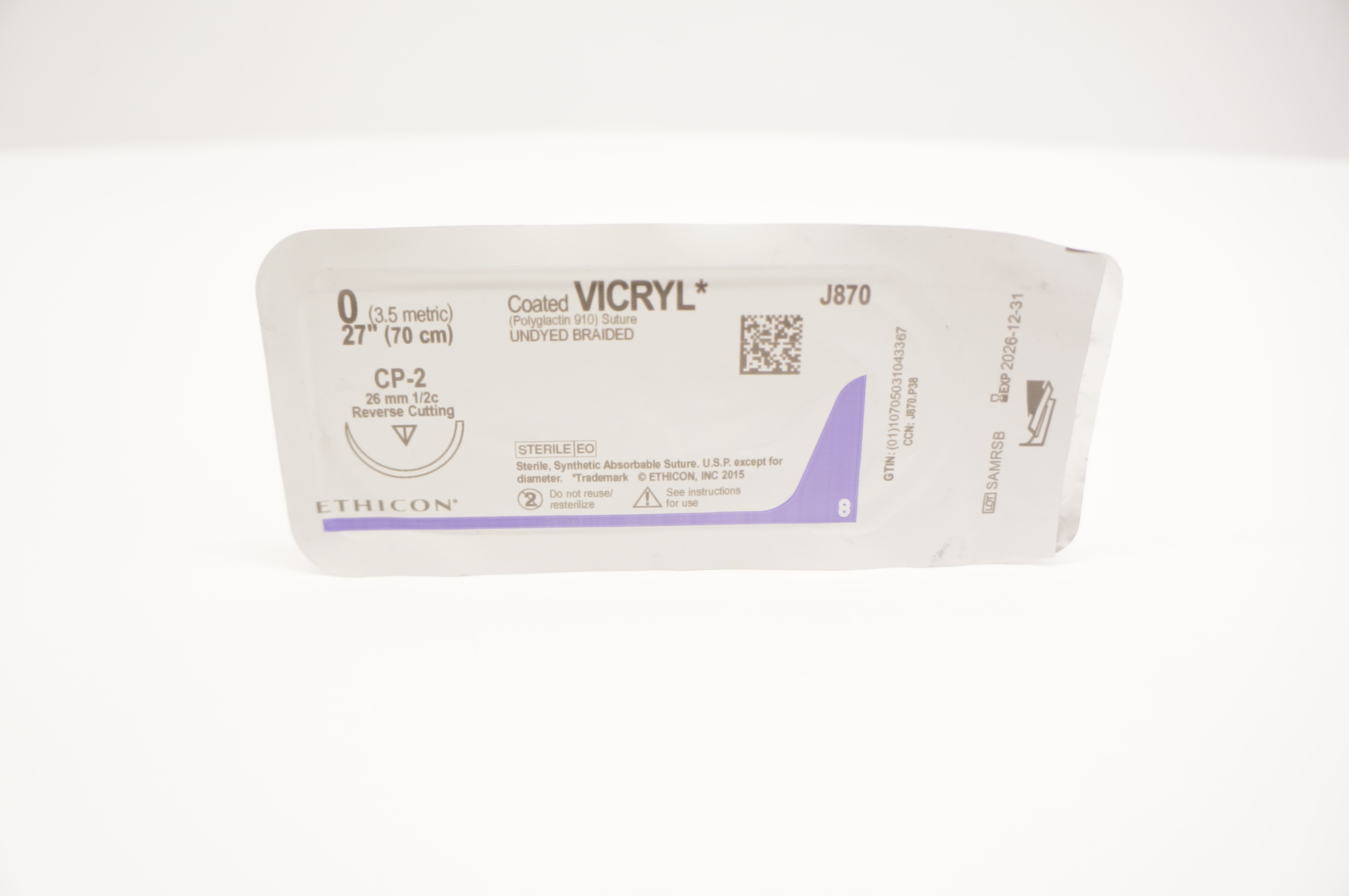 Ethicon J870 0 Coated VICRYL Stre CP-2 26mm 1/2c Reverse Cutting, 27inch
