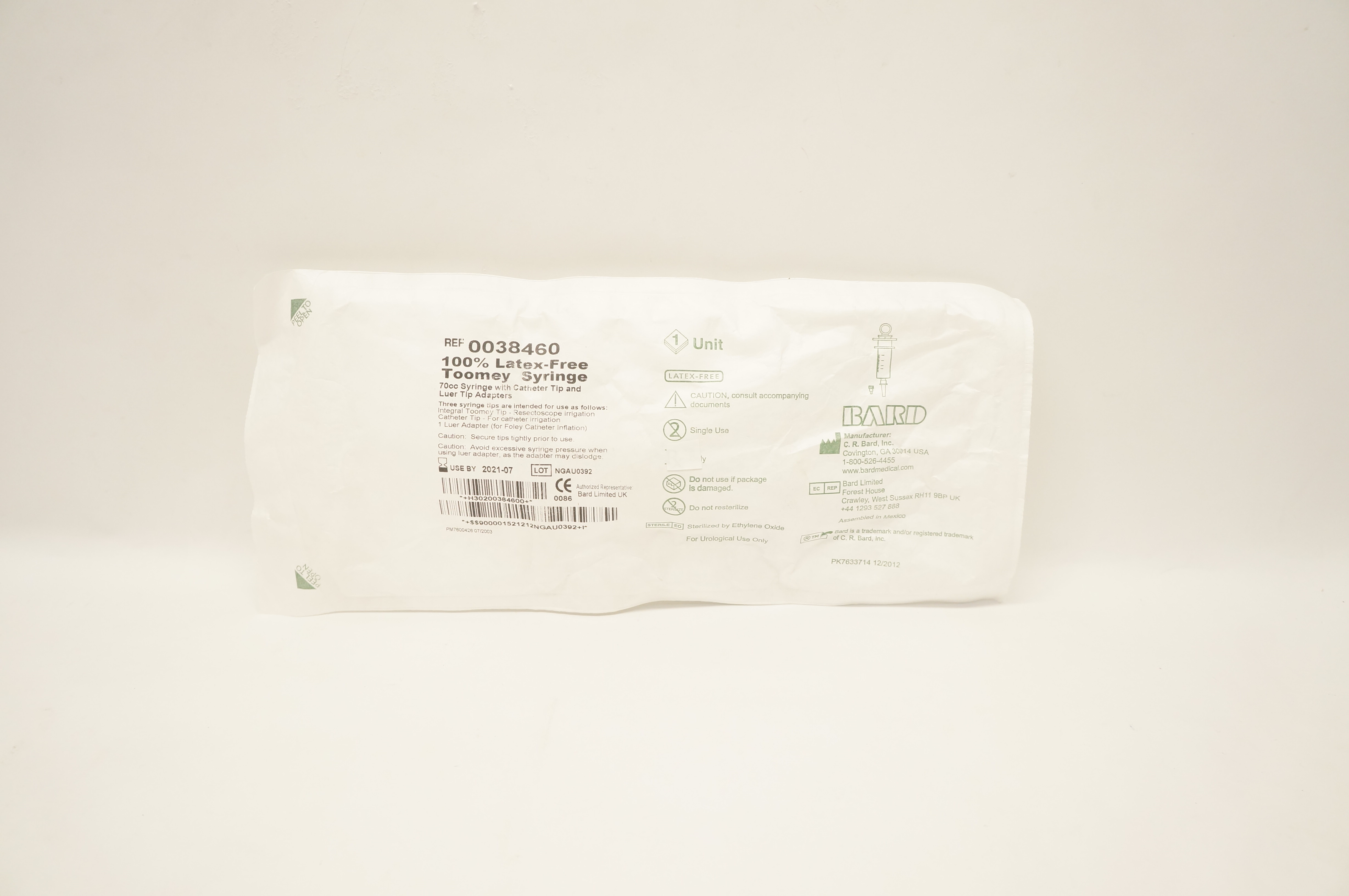 Bard 0038460 Toomey Syringe 70cc With Cath. Tip & Luer Tip Adapters (x)