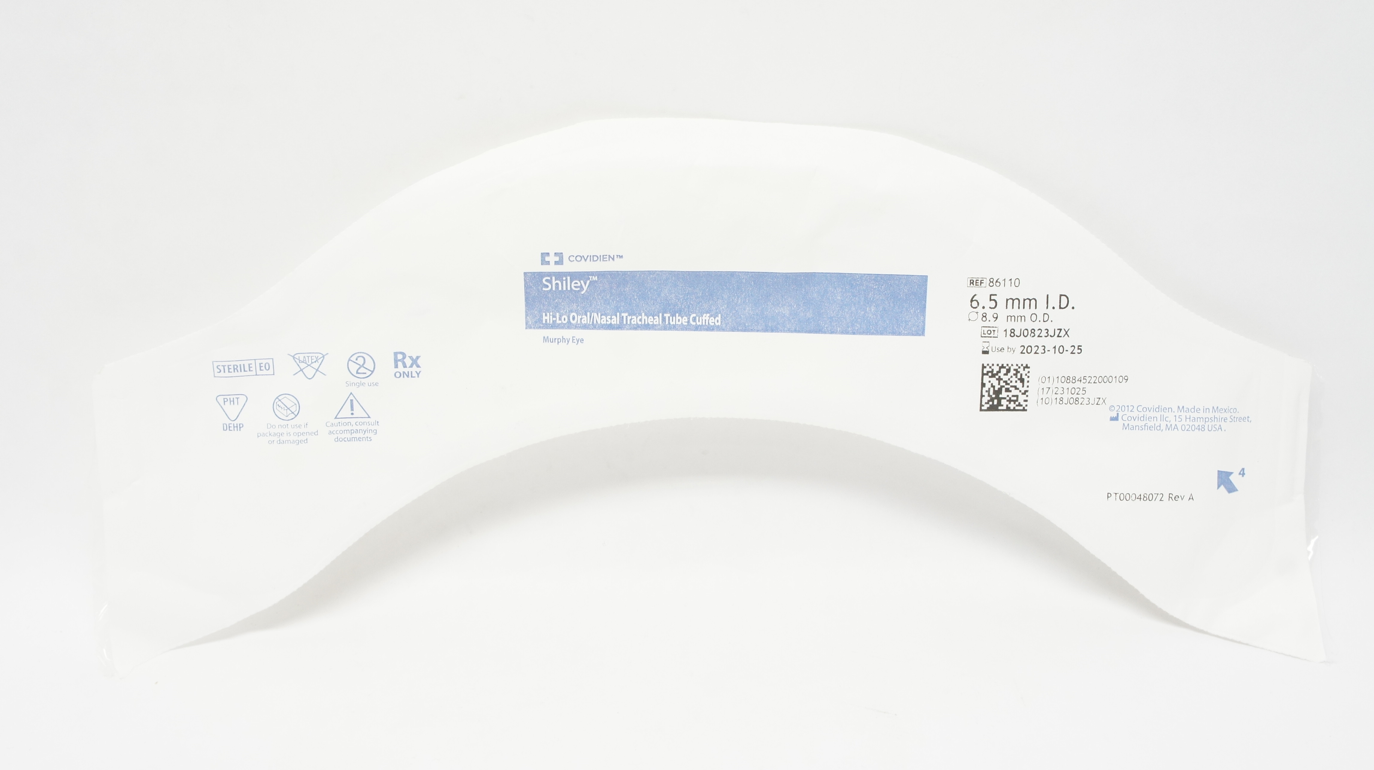 Covidien 86110 Shiley Hi-Lo Oral/Nasal Tracheal Tube Cuffed 6.5mm ID x 8.9mm OD