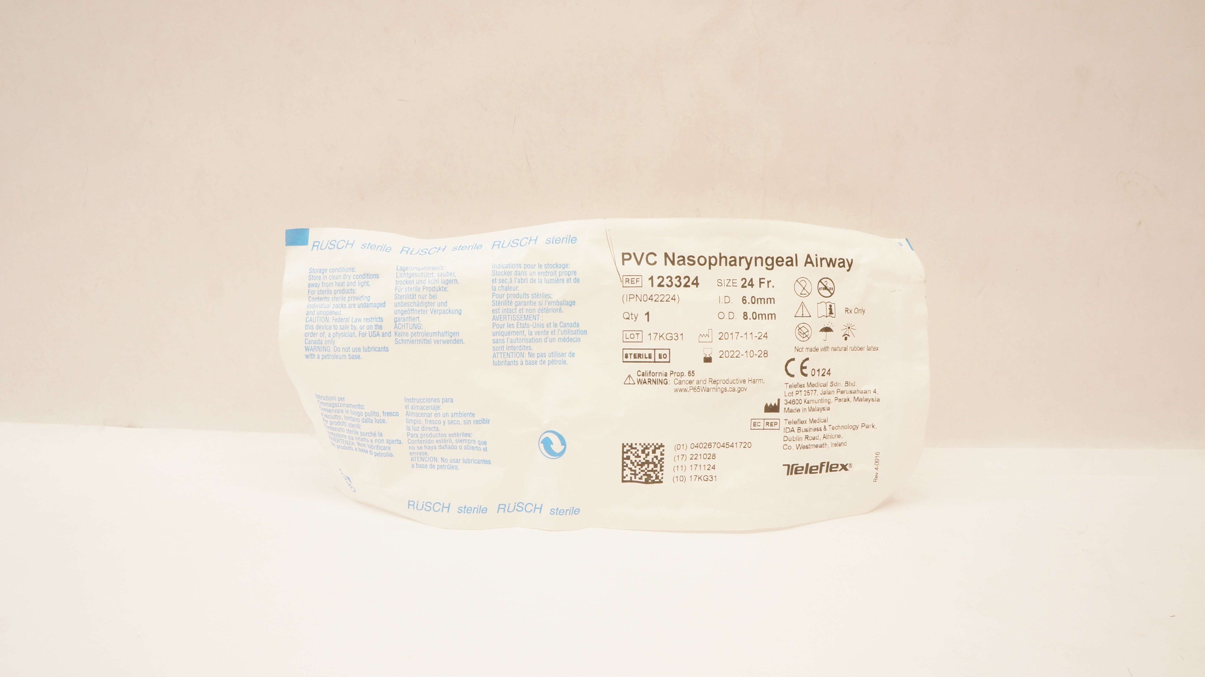 Teleflex 123324 Rusch PVC Nasopharyngeal Airway 24 Fr x 6.0mm ID x 8.0mm OD (x)