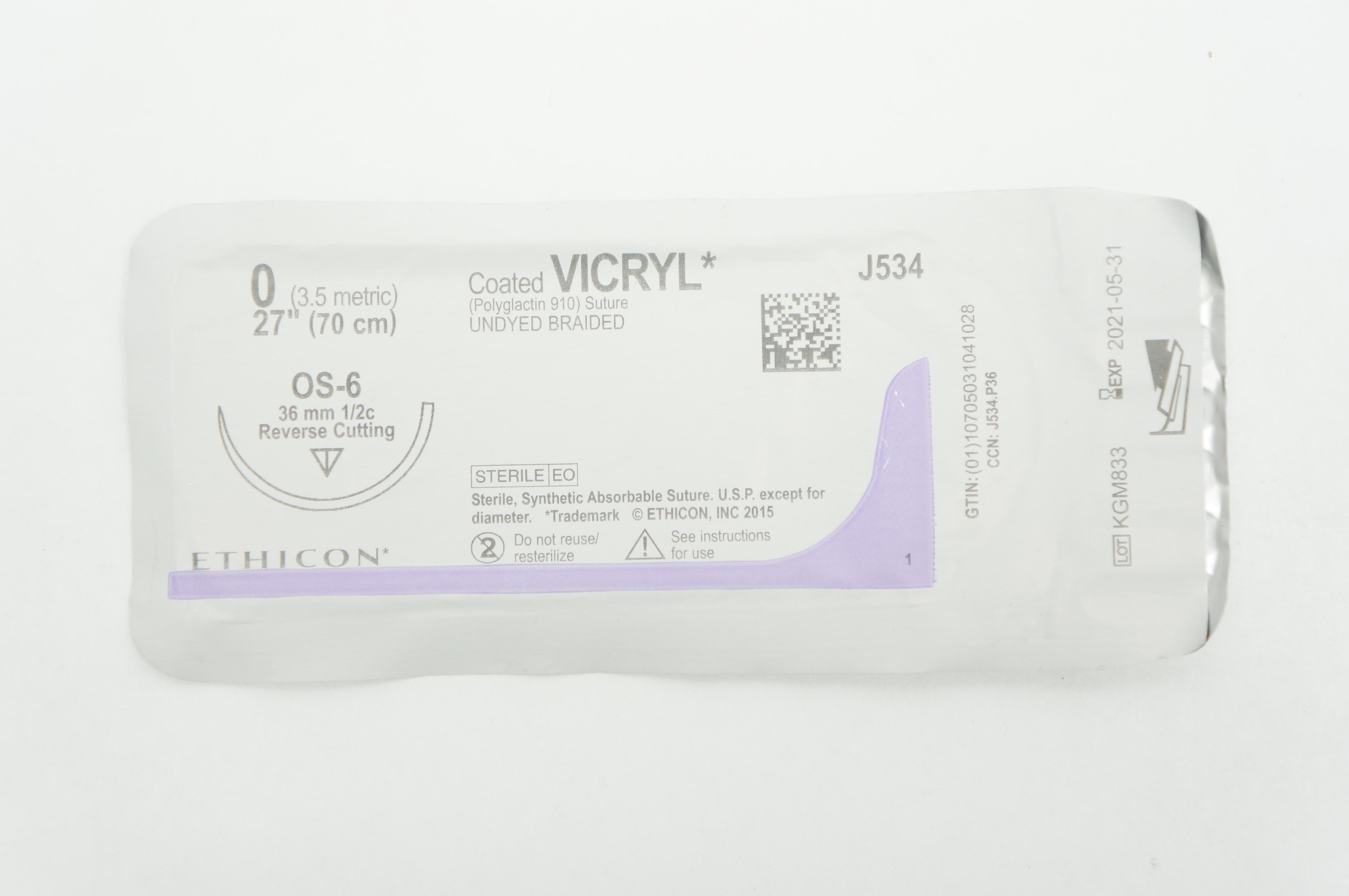 Ethicon J534 0 VICRYL OS-6 36mm 1/2c Reverse Cutting 27 inch