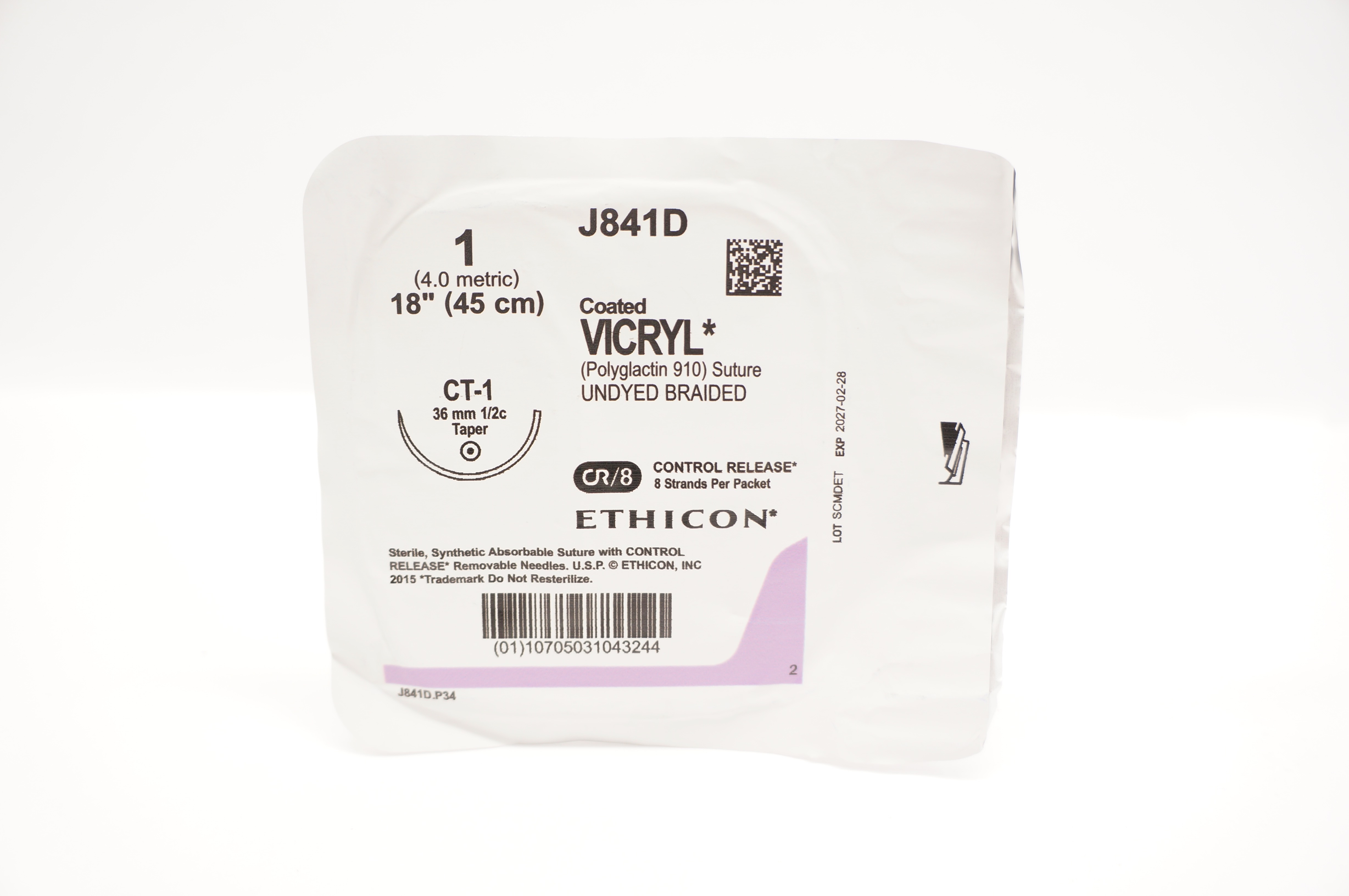 Ethicon J841D 1 Coated VICRYL Polyglactin Stre CT-1 36mm 1/2c Taper 18inch