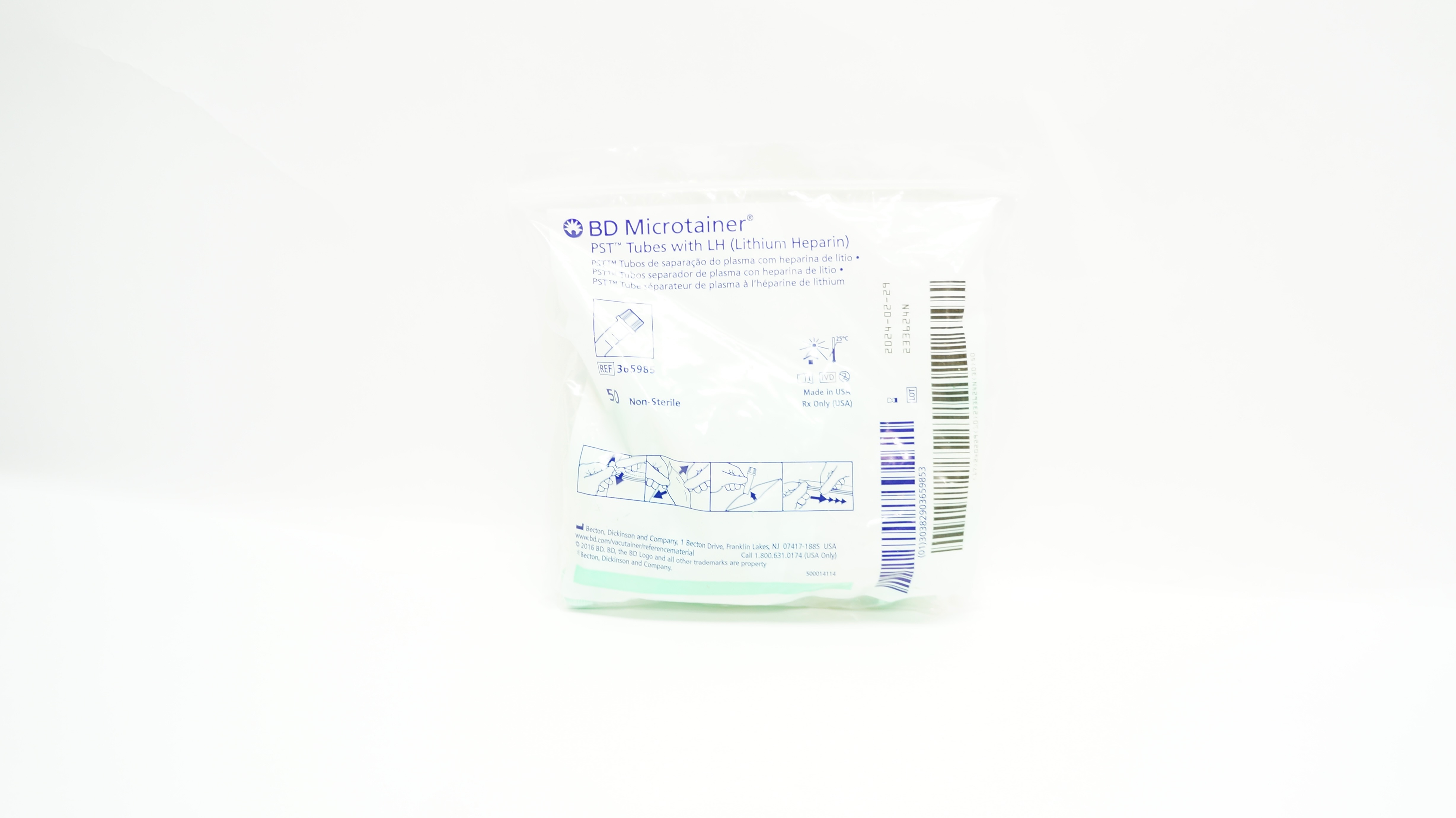 BD 365985 Microtainer PST Tubes with Lithium Heparin - Pack of 50