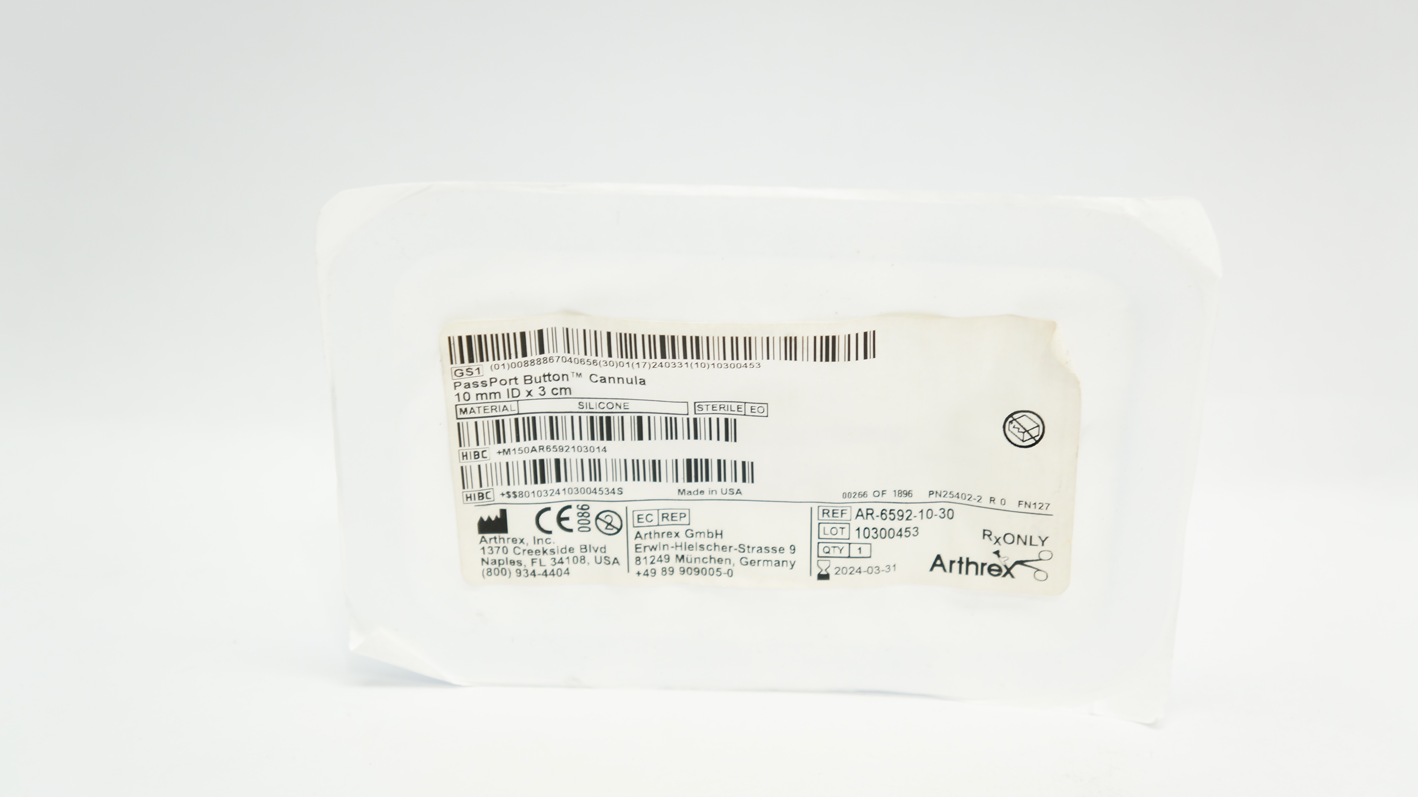 Arthrex AR-6592-10-30 PassPort Button Cannula 10mm ID x 3cm