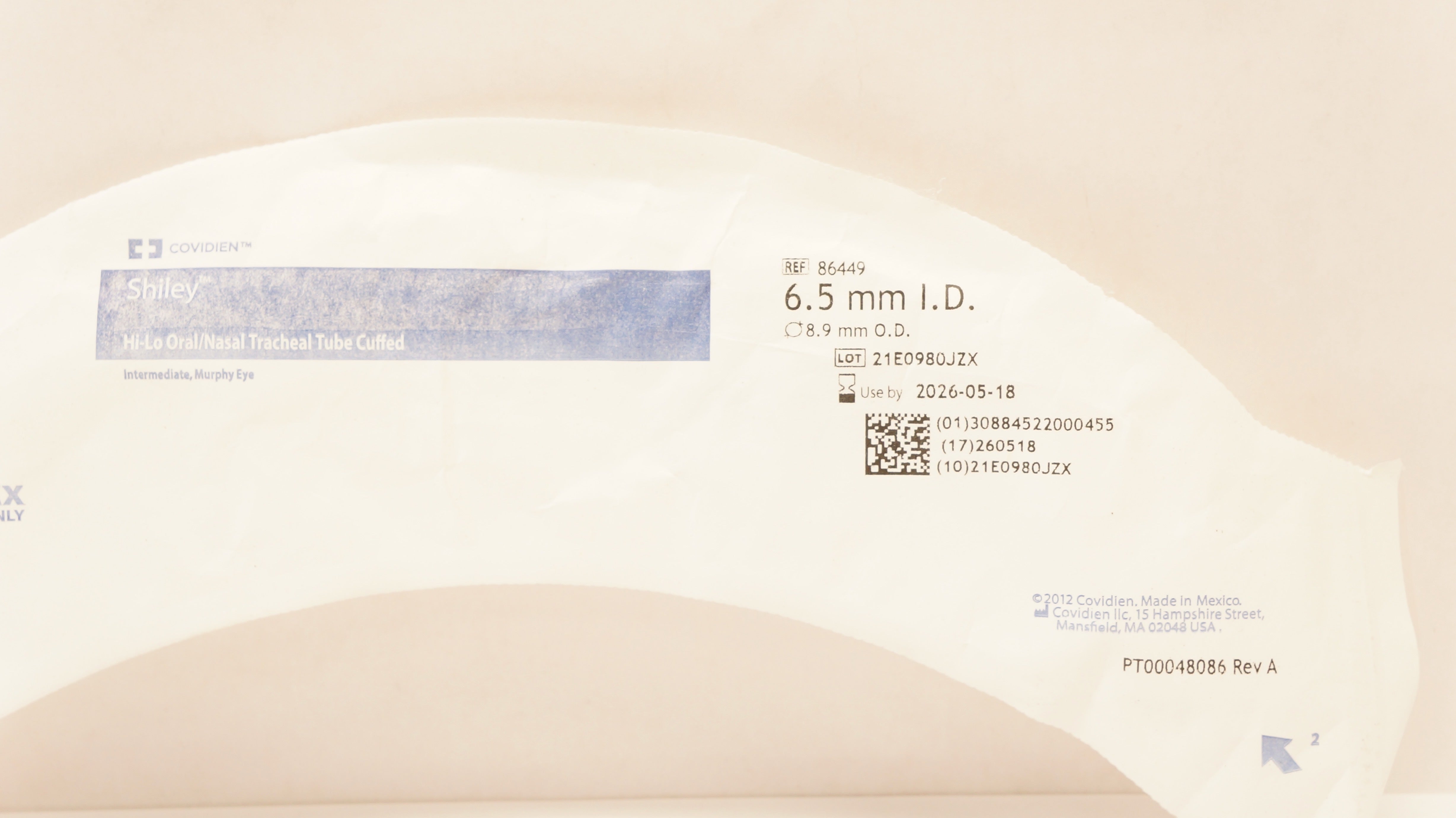 Covidien 86449 Shiley Hi-Lo Oral/Nasal Tracheal Tube Cuffed 6.5mm ID x 8.9mm OD
