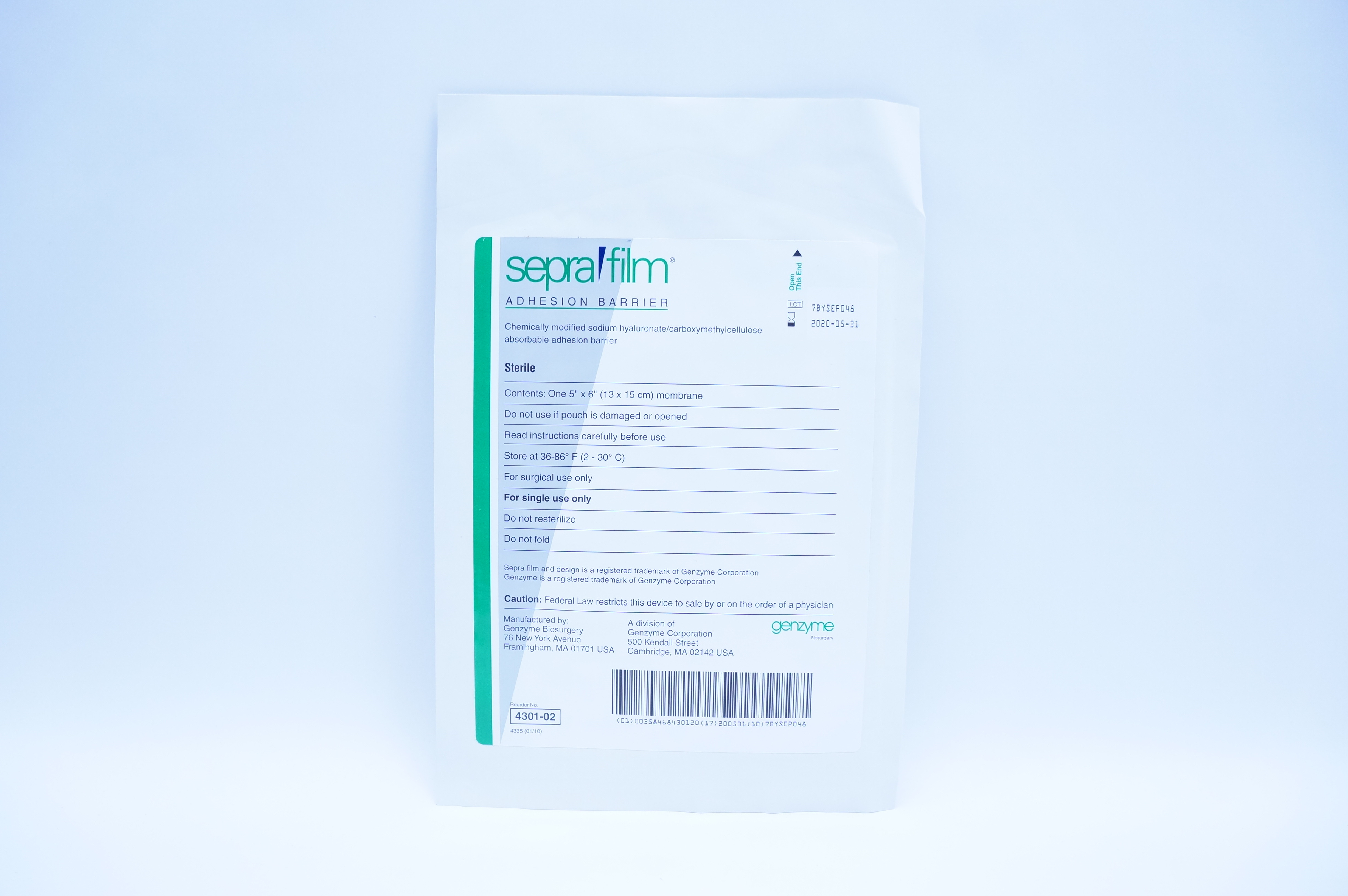 Genzyme 4301-02 Sepra Film Adhesion Barrier 5inch x 6inch (x)