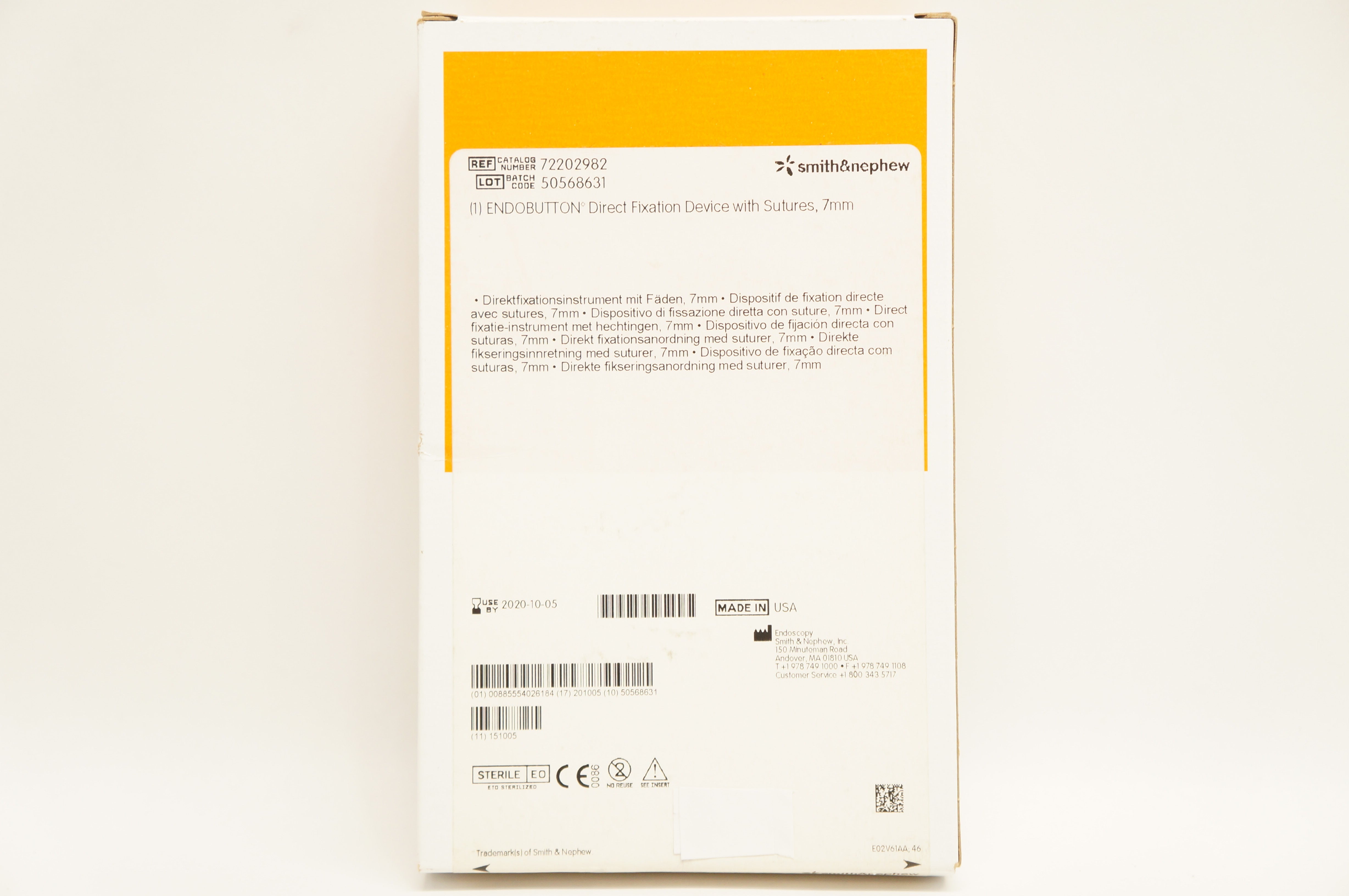 Smith&Nephew 72202982 Endobutton Direct Fixation Device with Sutures 7mm (x)