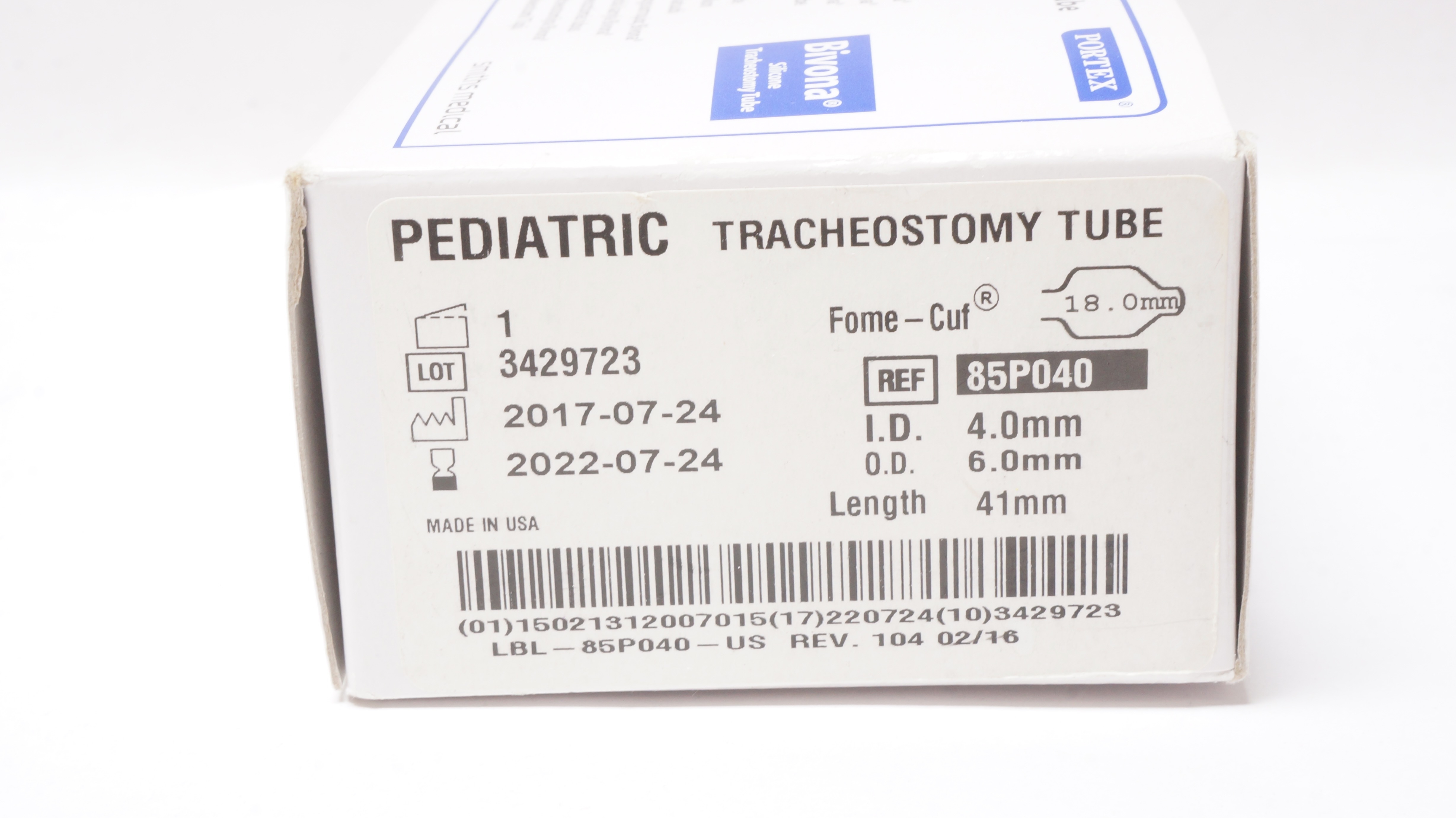 Smiths Medical 85P040 Portex Pediatric Tracheostomy Tube 4.0ID x 6.0OD x 41mm(x)