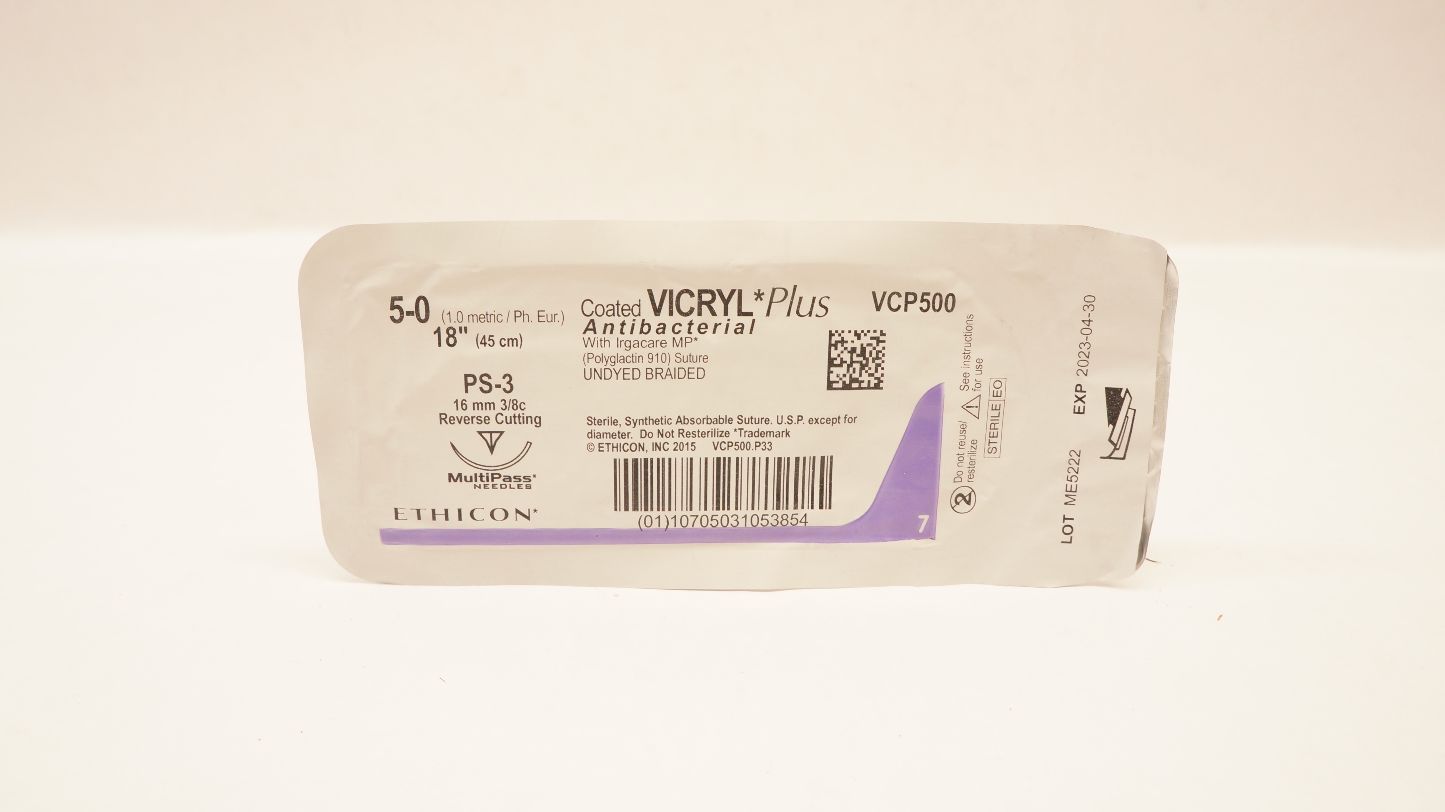 Ethicon VCP500 5-0 VICRYL Plus, PS-3, 16mm 3/8c, 18inch